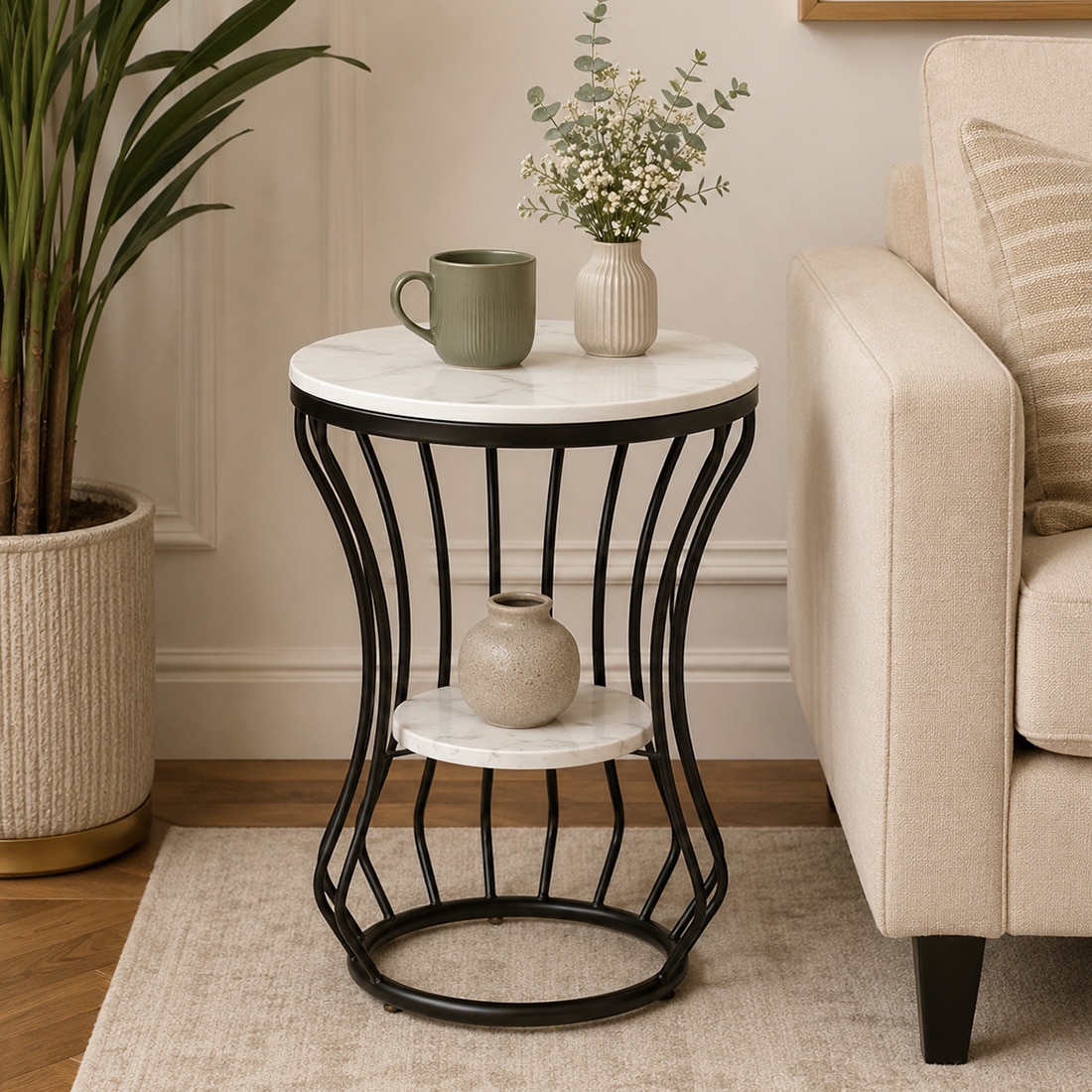 Metalwring White Porcelain Top End Table Black Finish - Bhavya Exports