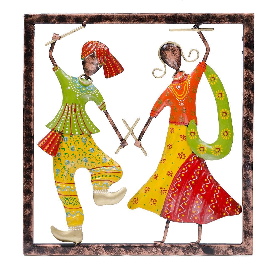 Desert Art Metal Handpainted Dandiya Couple Wall Hanging in Yellow Colour - Desert Art