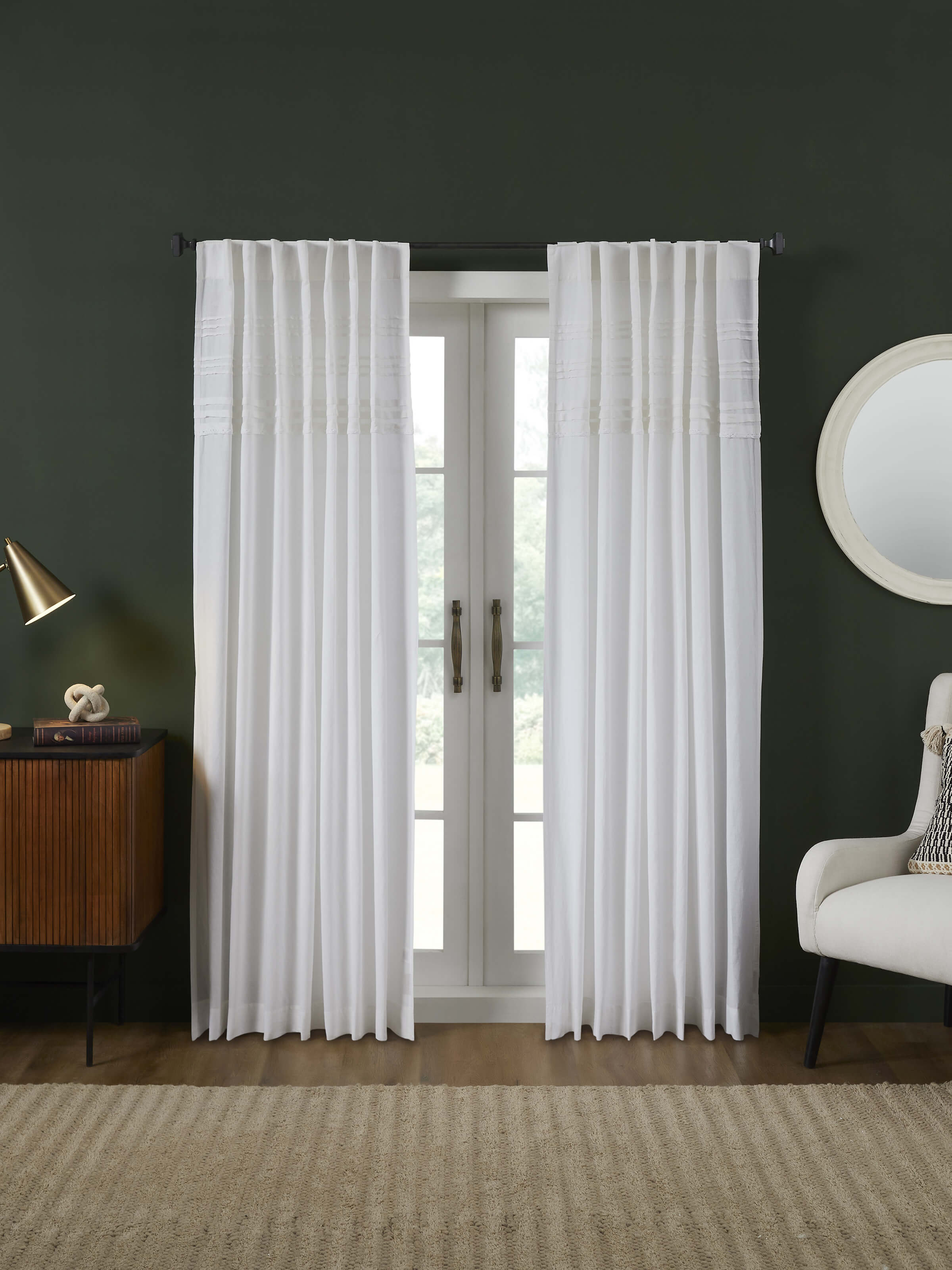 Nityam White Pleated Cotton Linen Crochet Curtain (7 Ft)