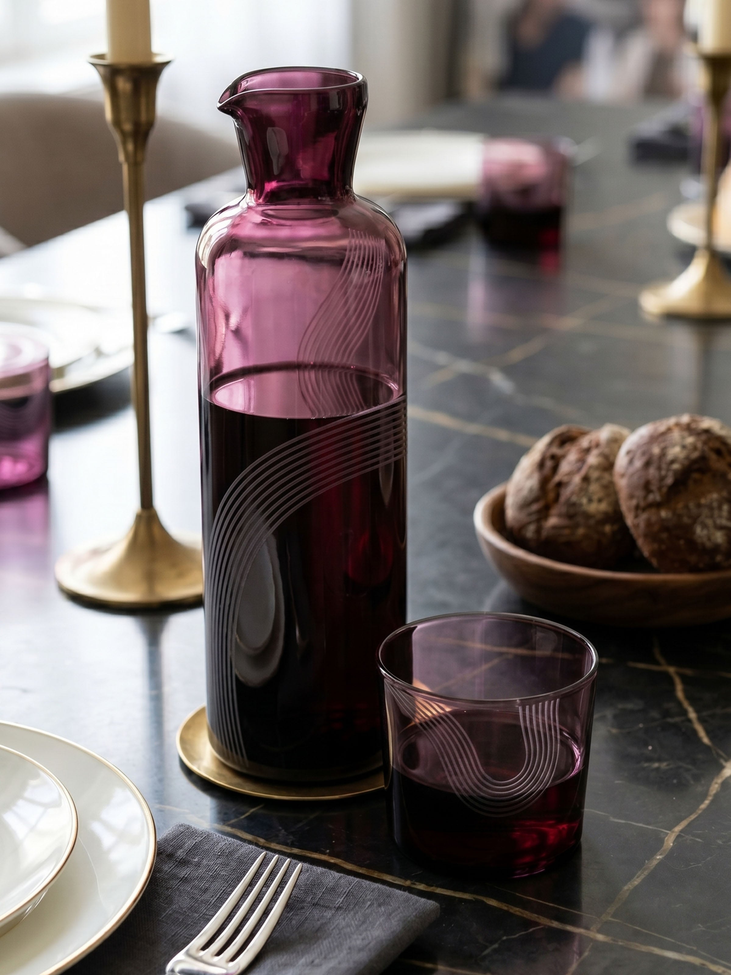 Front view of the Firozabadi Glass Carafe Purple