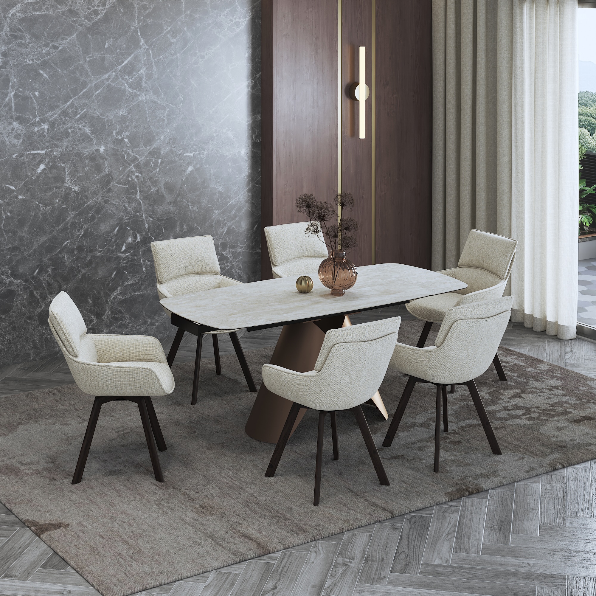 Aeris Ceramic 4 To 6 Seater Extendable Dining Table With 4 Bren Dining Chair (Finish : Rome Travertine, Chair Colour : Ivory) - Urban Ladder