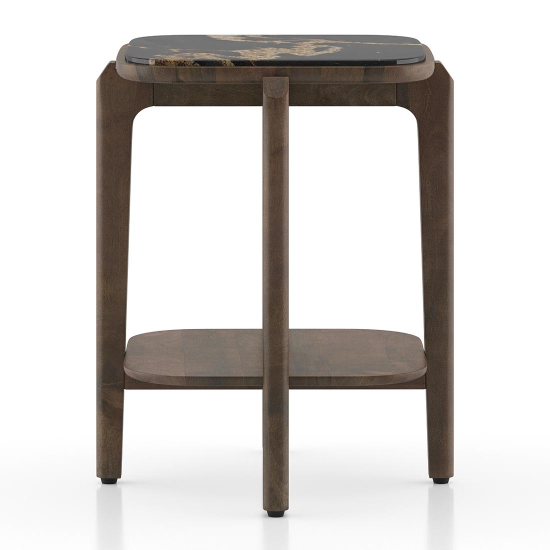 Alba Square Copa Cabana Black Stone and Solid Wood Side Table in Danish Walnut Finish