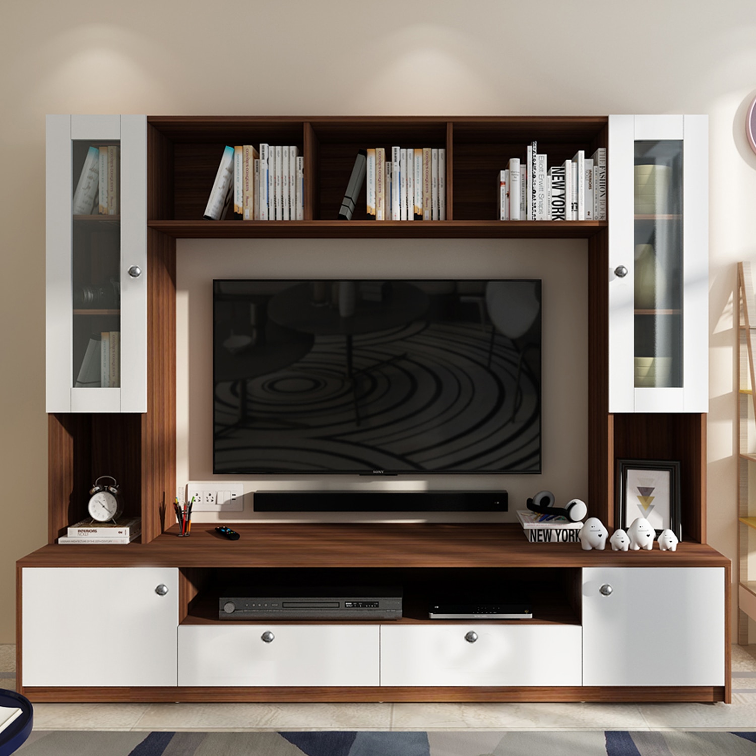 Benji Tv Unit 55 Inch Tv Walnut And Frosty White - Woodbuzz