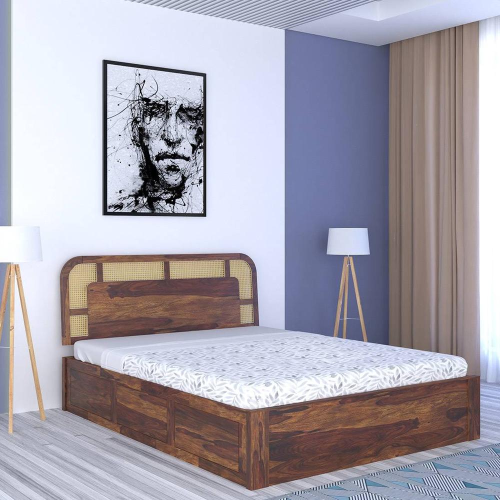 Sunburst Solid Wood Queen  Size Bed With Box Storage (Provincial Teak Finish) - Vintage Home