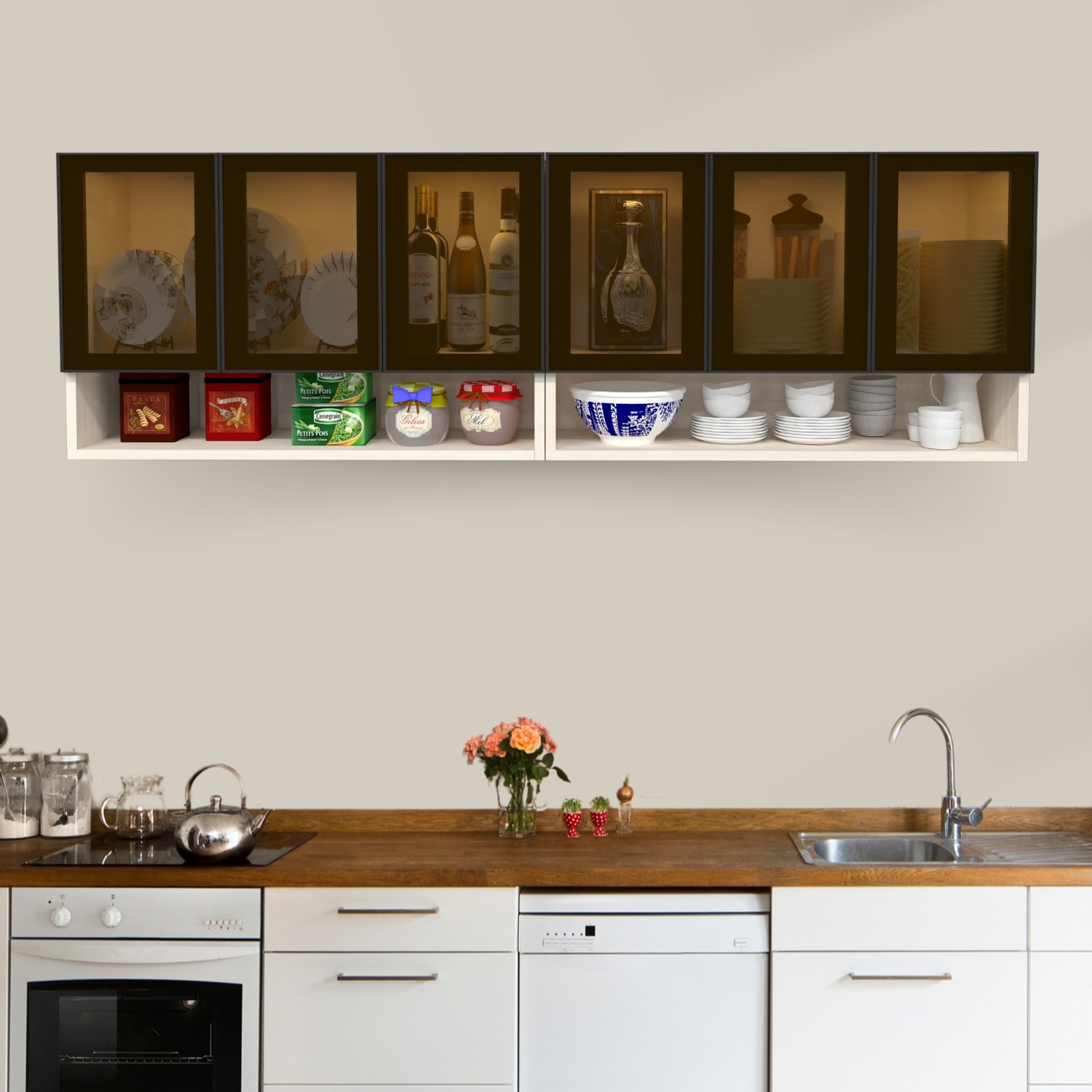 Aluminium Black Profile 6 Tinted Glass Handless Shutter  In Highland Pine Finish - Speciality Panels