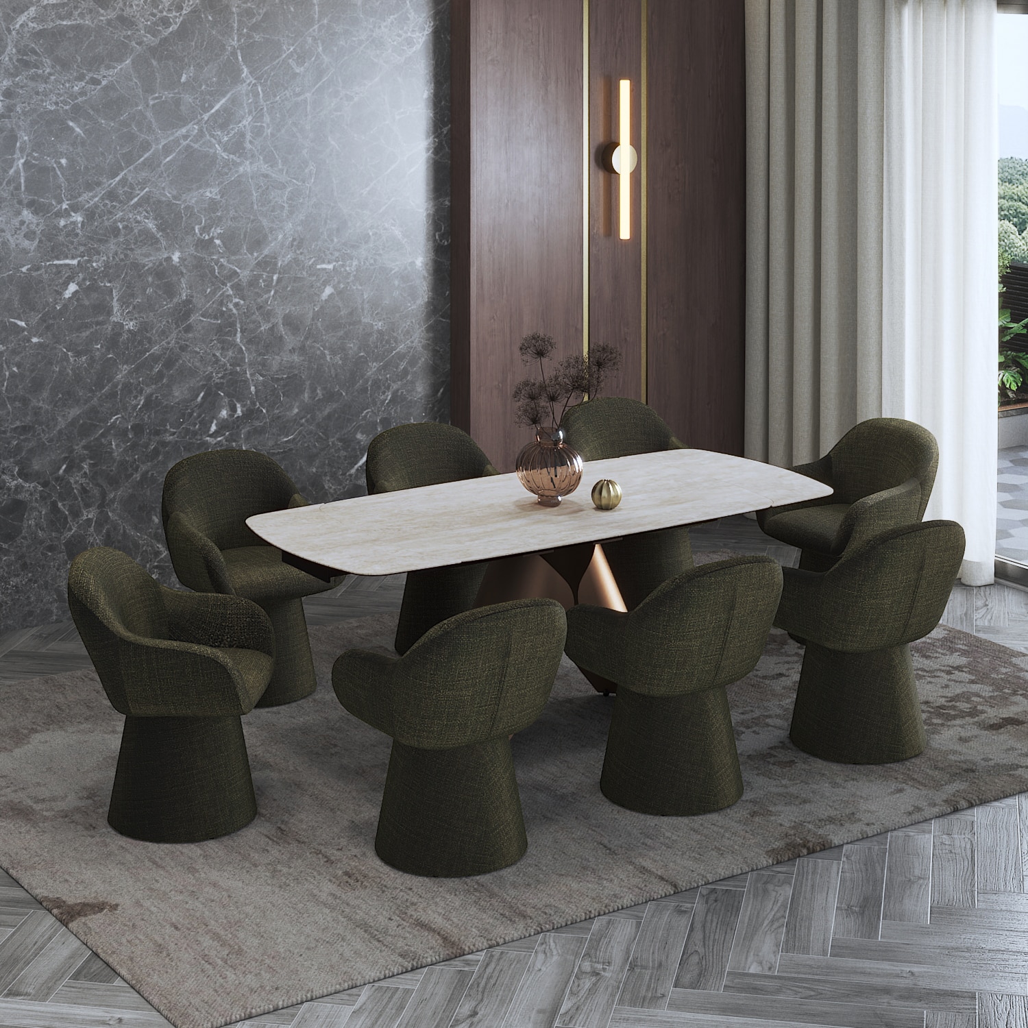 Aeris Ceramic 6 to 8 Seater Extendable Dining Table With 6 Selene Dining Chair