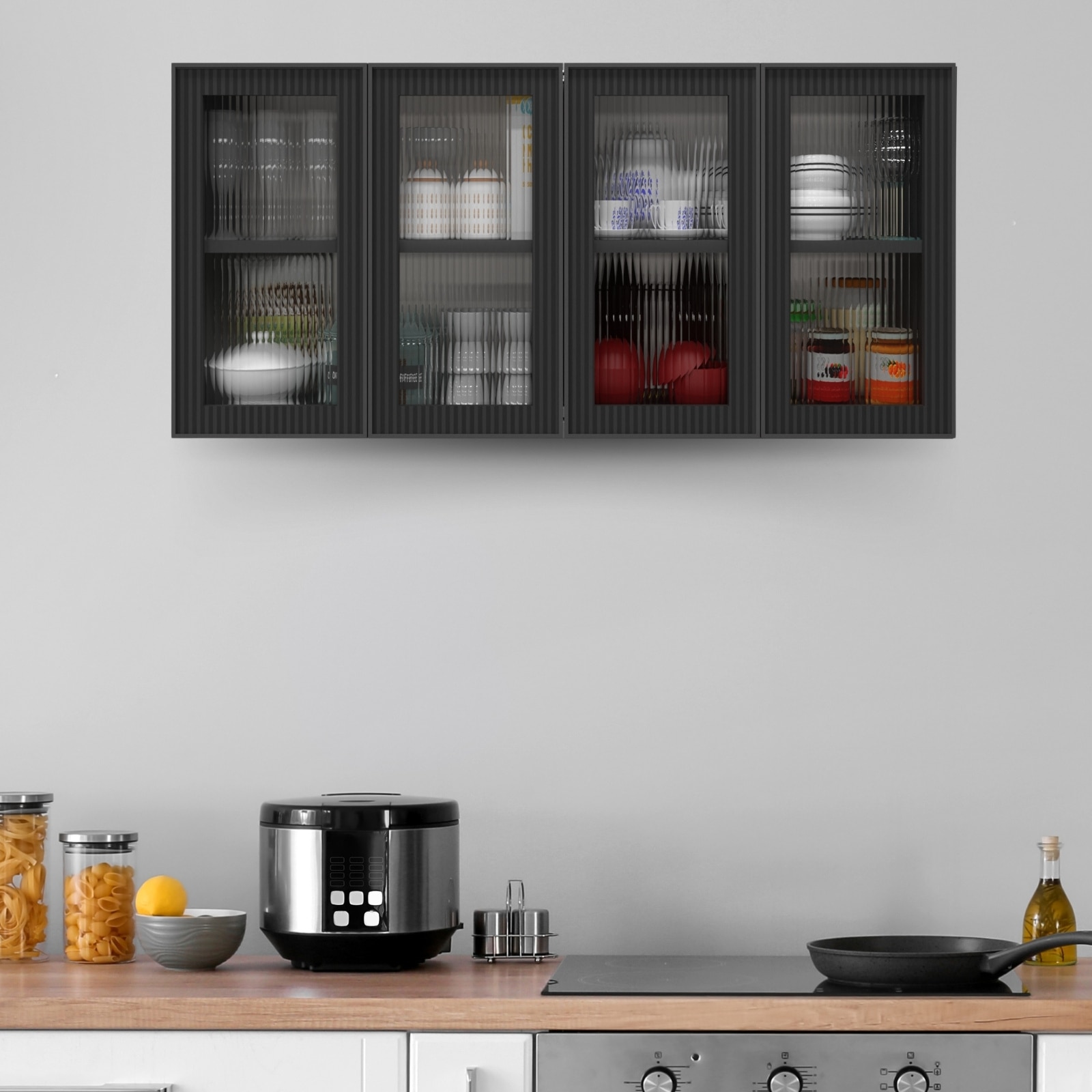 Aluminium Black Profile 4 Fluted Glass Handless Shutters Wall Cabinet In Slate Grey Finish - Speciality Panels