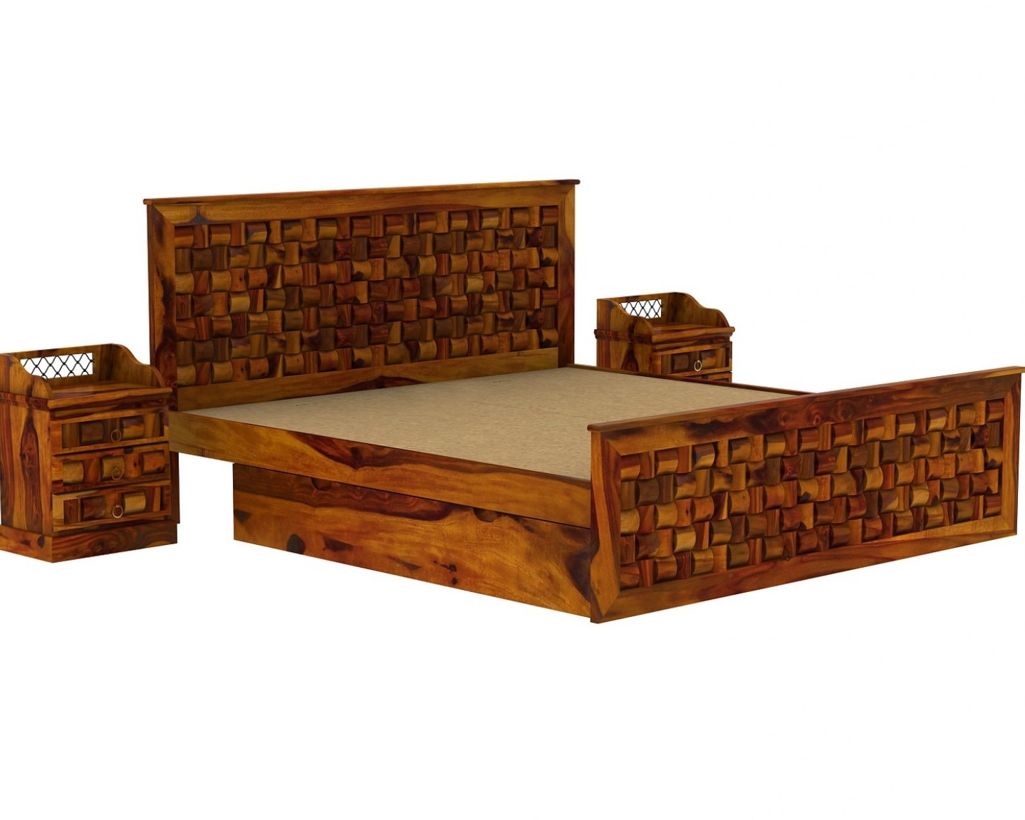 Moglis Solid Wood King  Size Bed With Drawer Storage Bed In Honey Oak Finish