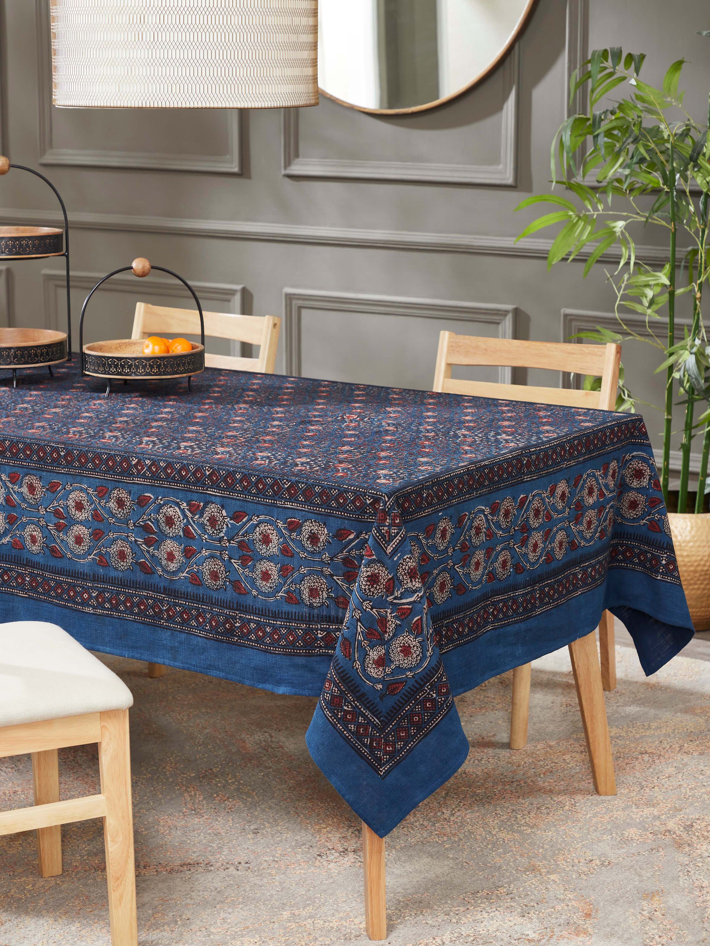 Puspita Indigo Cotton Dabu Hand Block Printed Table Cover 6 Seater