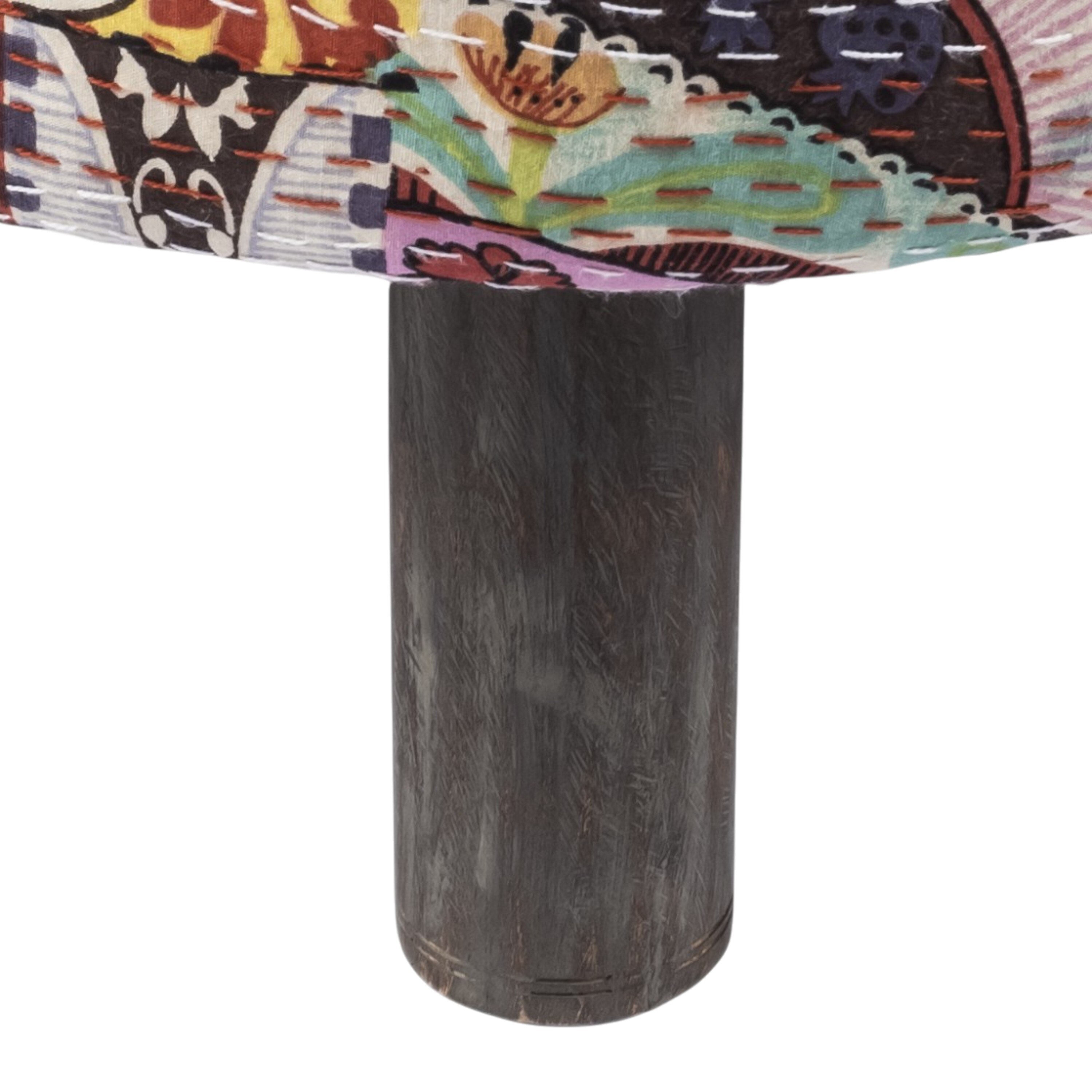 Collio Solid Wood Pouffee in Multicolour Patch Kantha Fabric
