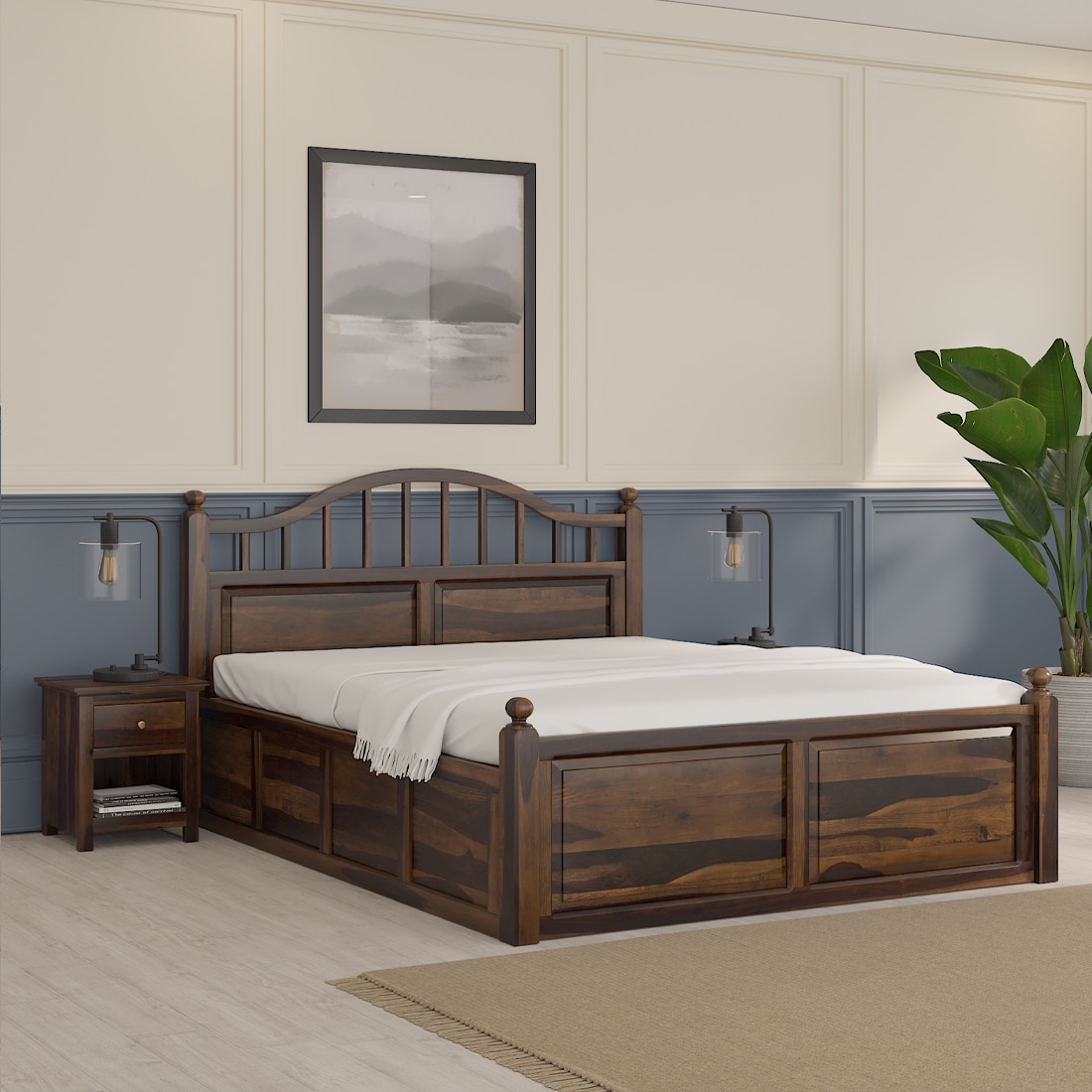 Syan Solid Wood King  Size Bed With Hydraulic Storage (Provincial Teak Finish)