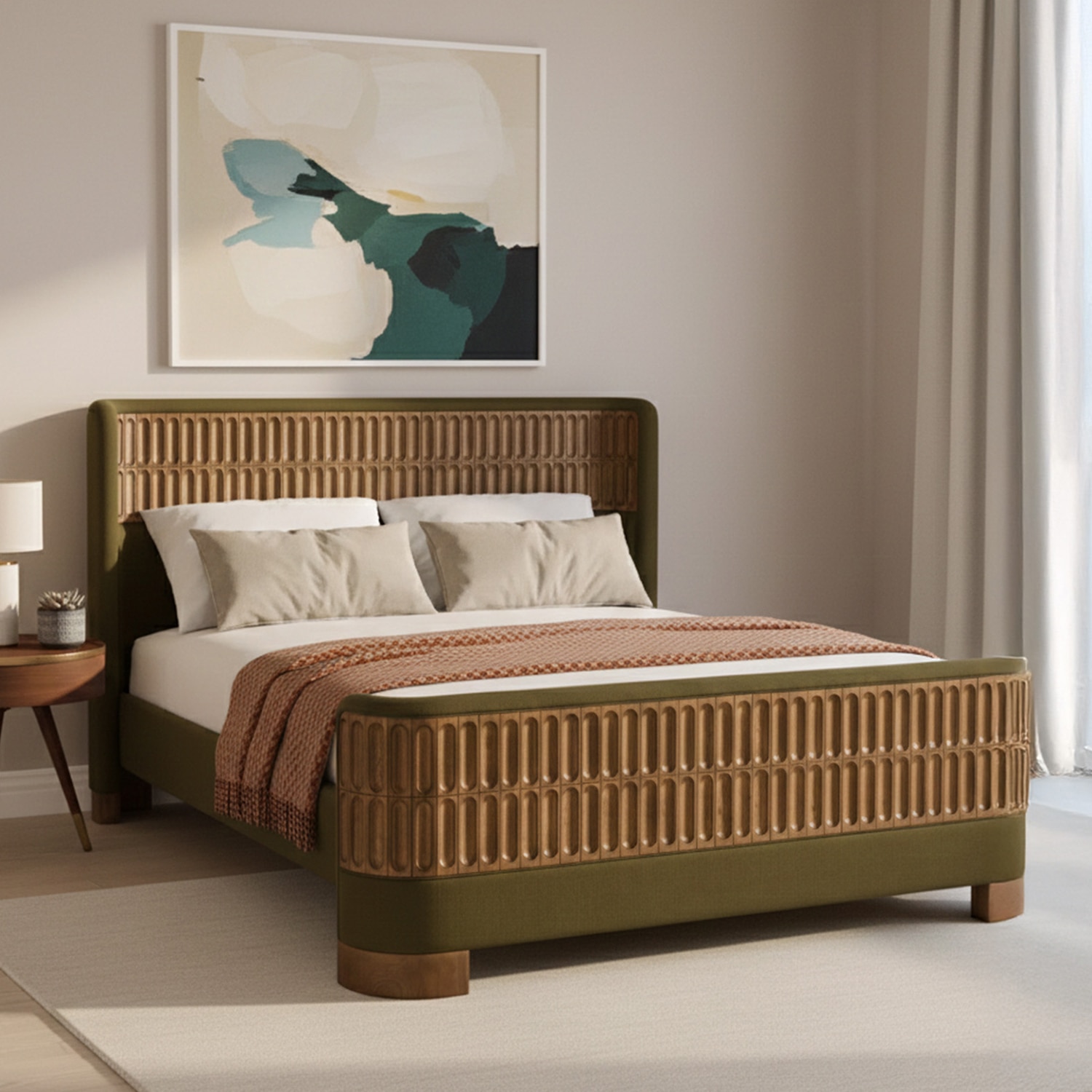 Heritage Cane Upholstered Queen Size Bed in Linen With Oak wood Frame - Nestroots