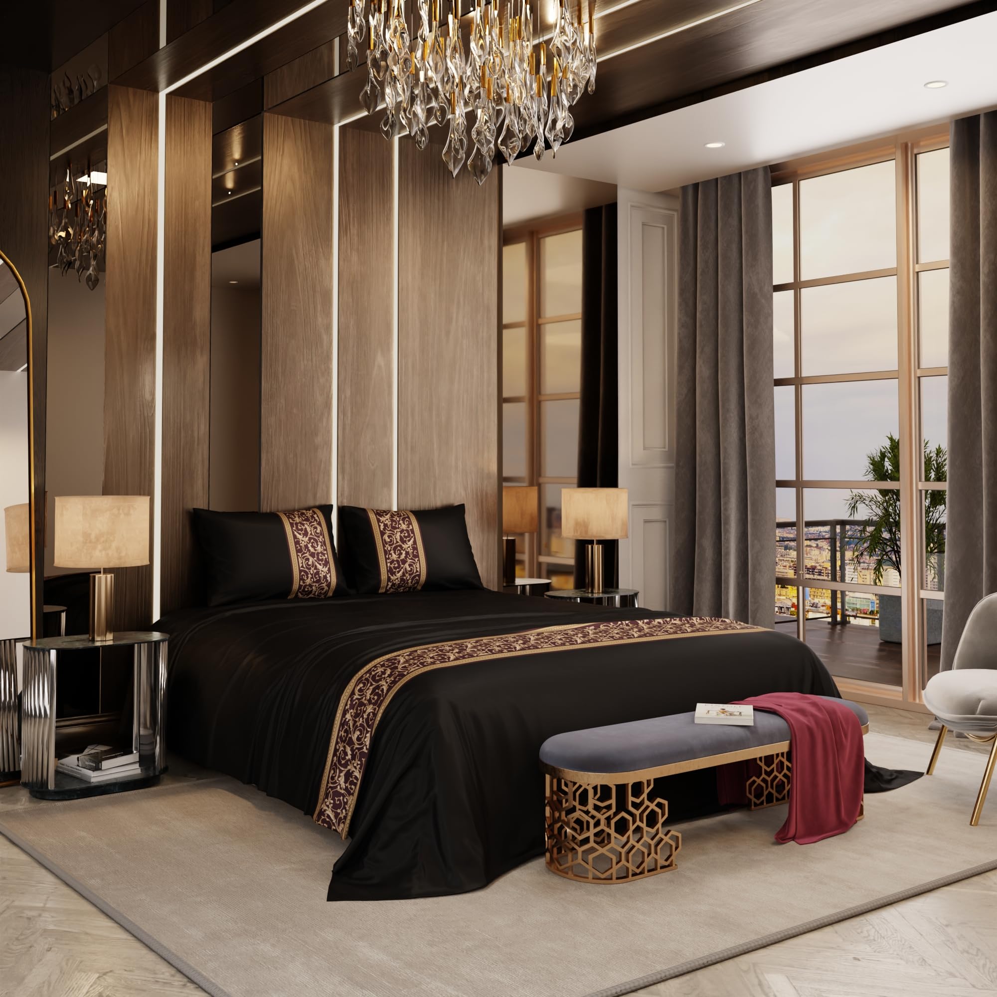Stoa Paris Satin Bedsheet for Super King Bed (274 cm x 274 cm) with 2 Pillow Covers heet for Black Gold - Stoa Paris