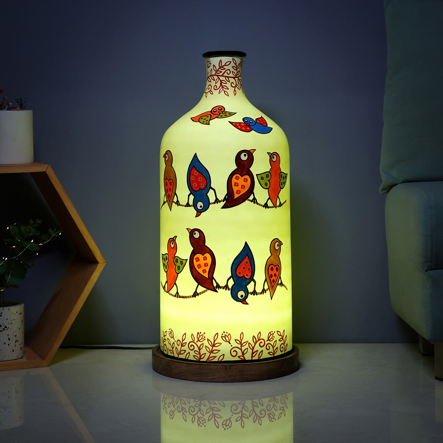 Vibrant Wings Hand Painted White Glass Shade Table Lamp