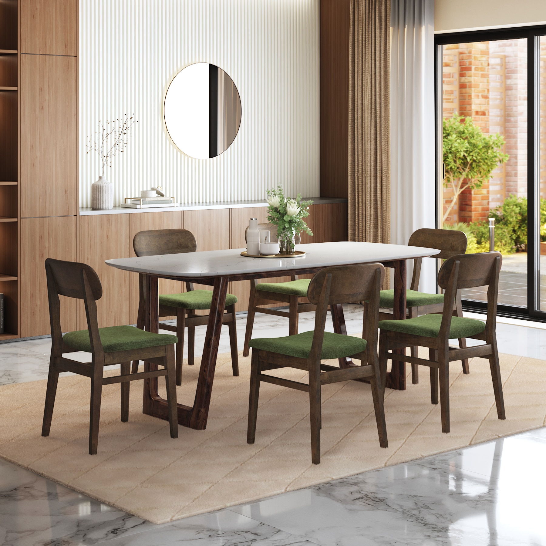 Adria Carrara White Quartz 6 Seater Dining Table With 6  Lunar Dining Chairs (Finish : Carrara White, Chair Colour : Moss Green)