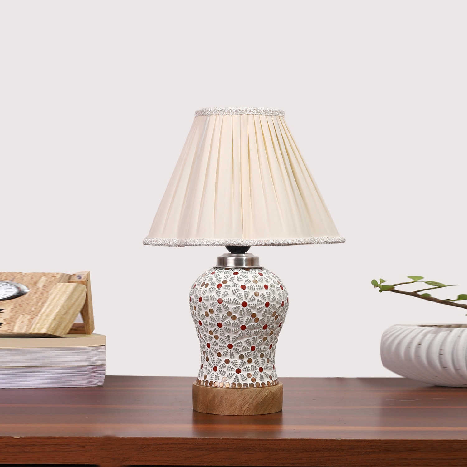 Devansh Off-White Vintage  Cotton Pleated Shade Lamp With Wood & Mosaic Glass Base For Decoration/Office/Home/Gifting/Study For Decoration/Office/Home/Gifting/Study - Devansh