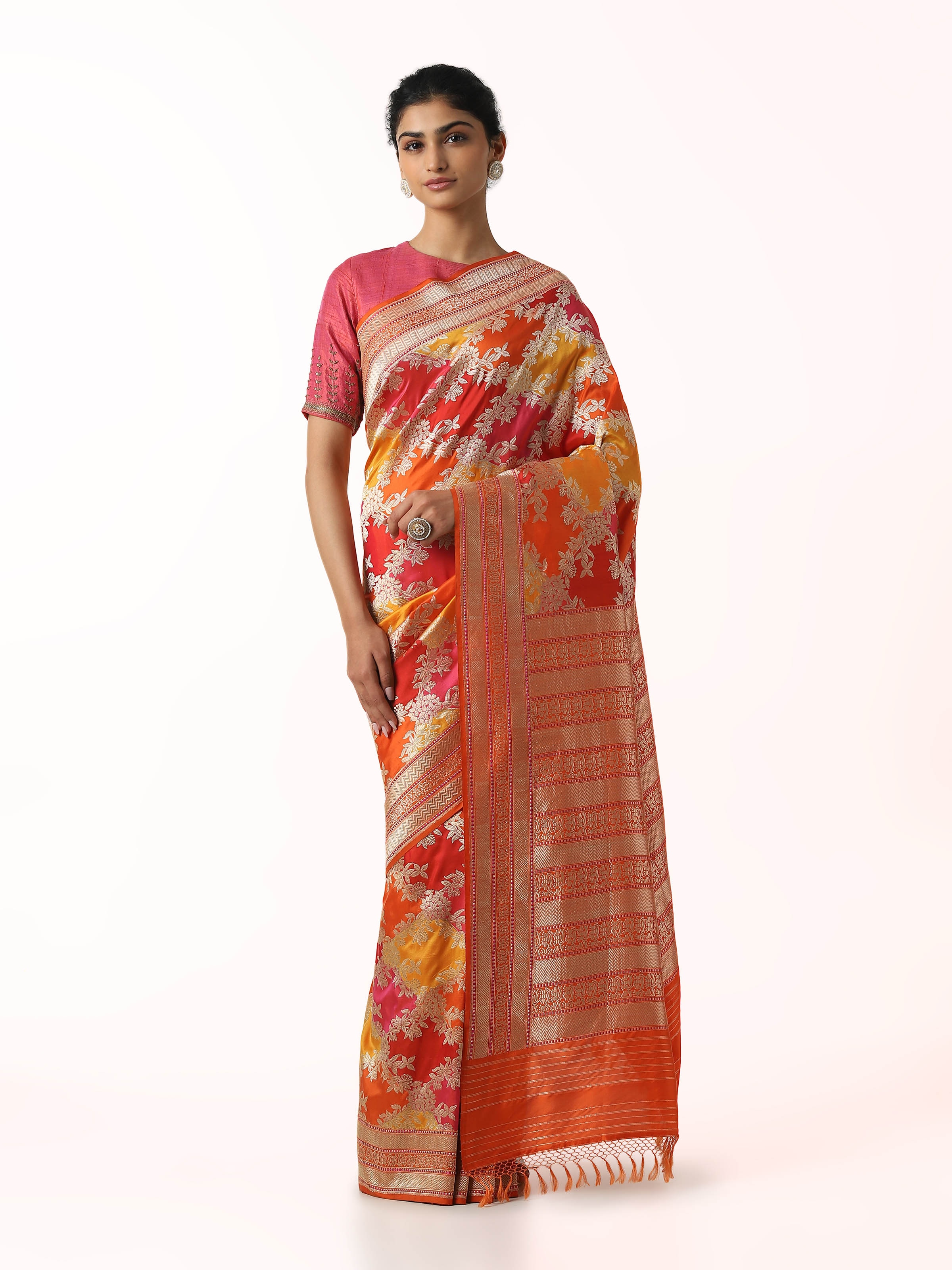 Front view of silk rangkat Banarasi saree with vibrant woven patterns