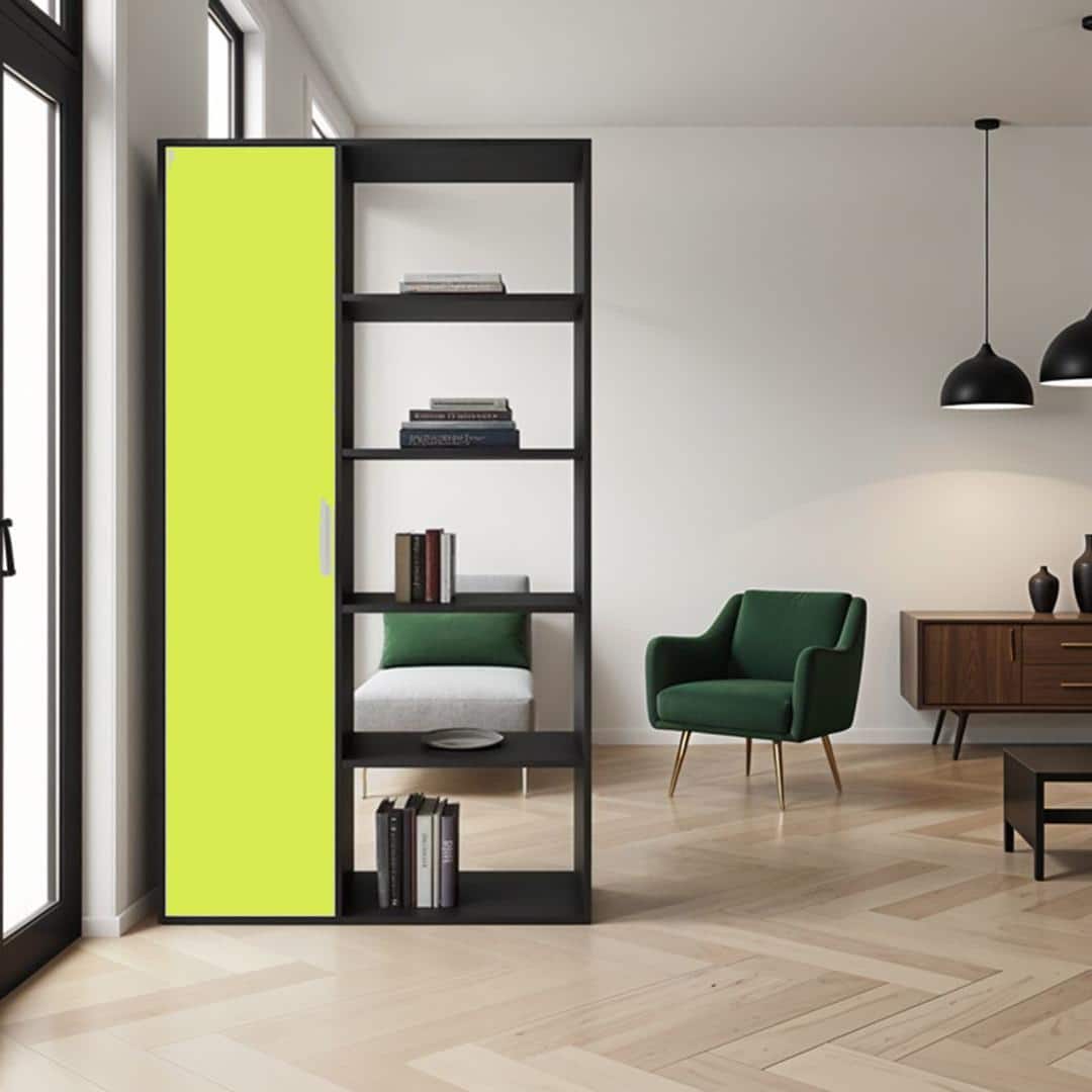 Nikola Large Crockery cum Bookshelf and Divider Unit in Antique Ebony Lime Yellow Colour