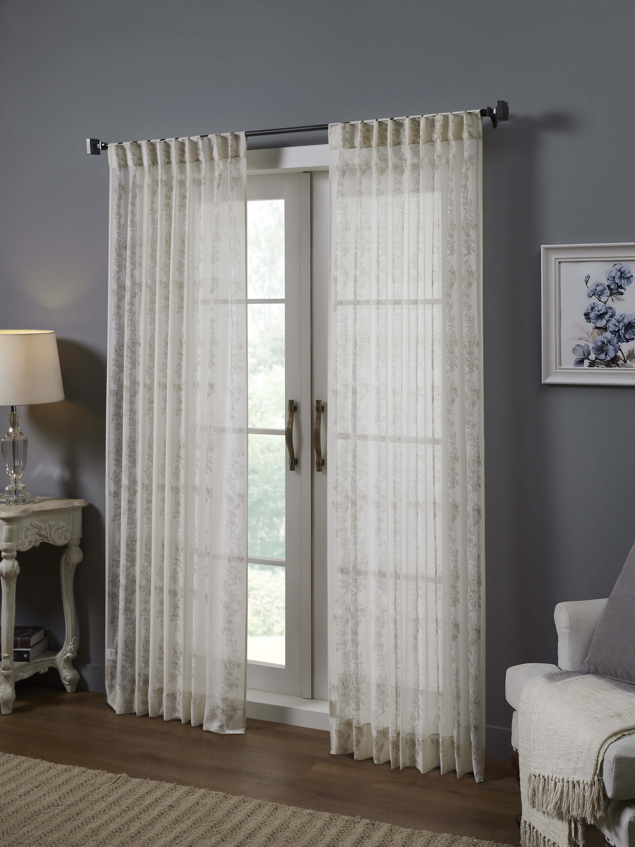 Shivranjini Beige Floral Stripe Cotton Silk Sanganeri Hand Block Printed Curtain (7 Ft)