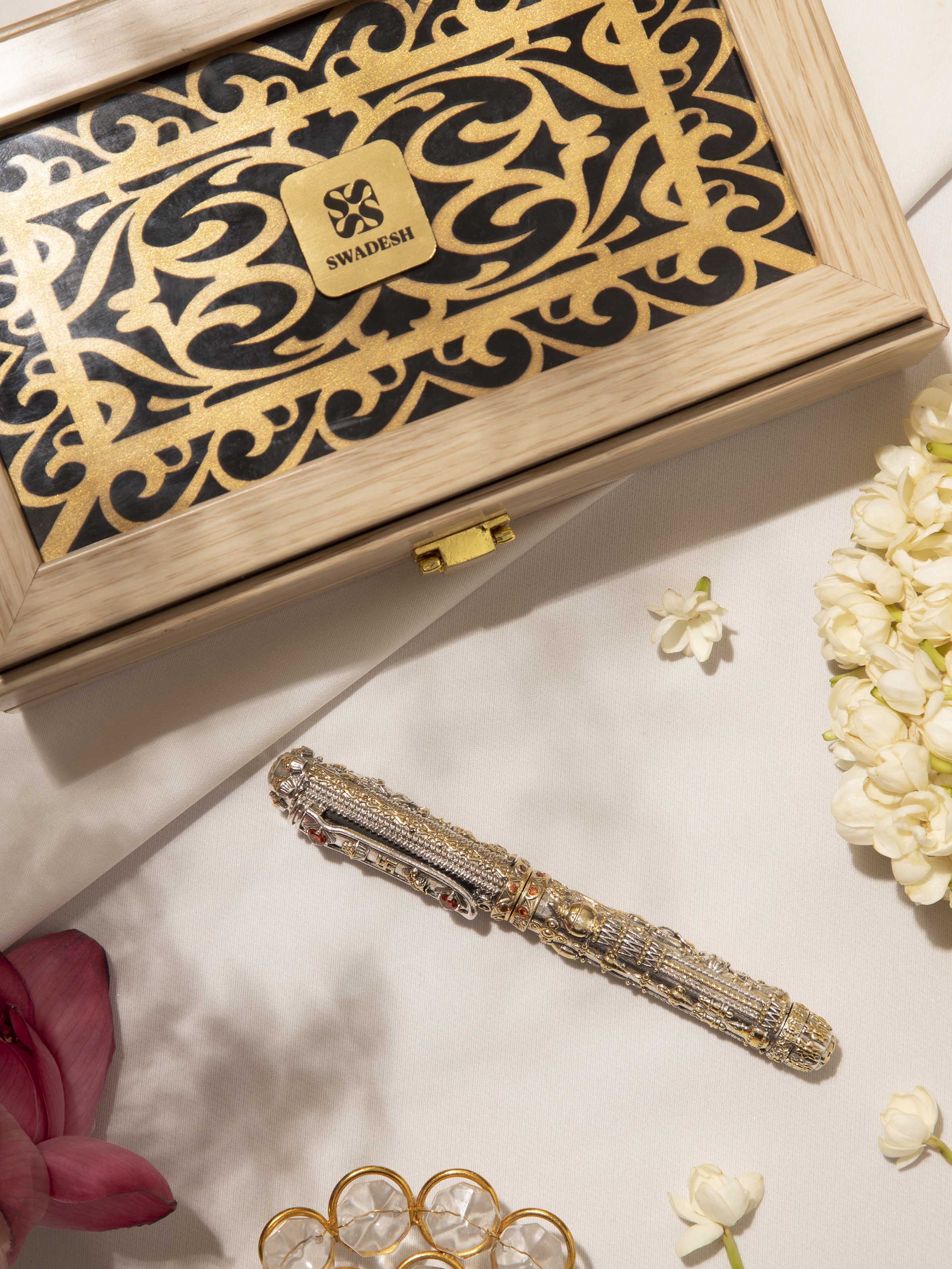 Detailed view of Lakshmi & Ganesha Silver Smithing Pen highlighting fine design by Swadesh