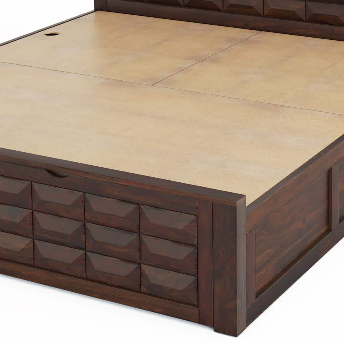 Shashi Solid Wood King Size Bed With Box & Front Drawer Storage Bed In Walnut Finish