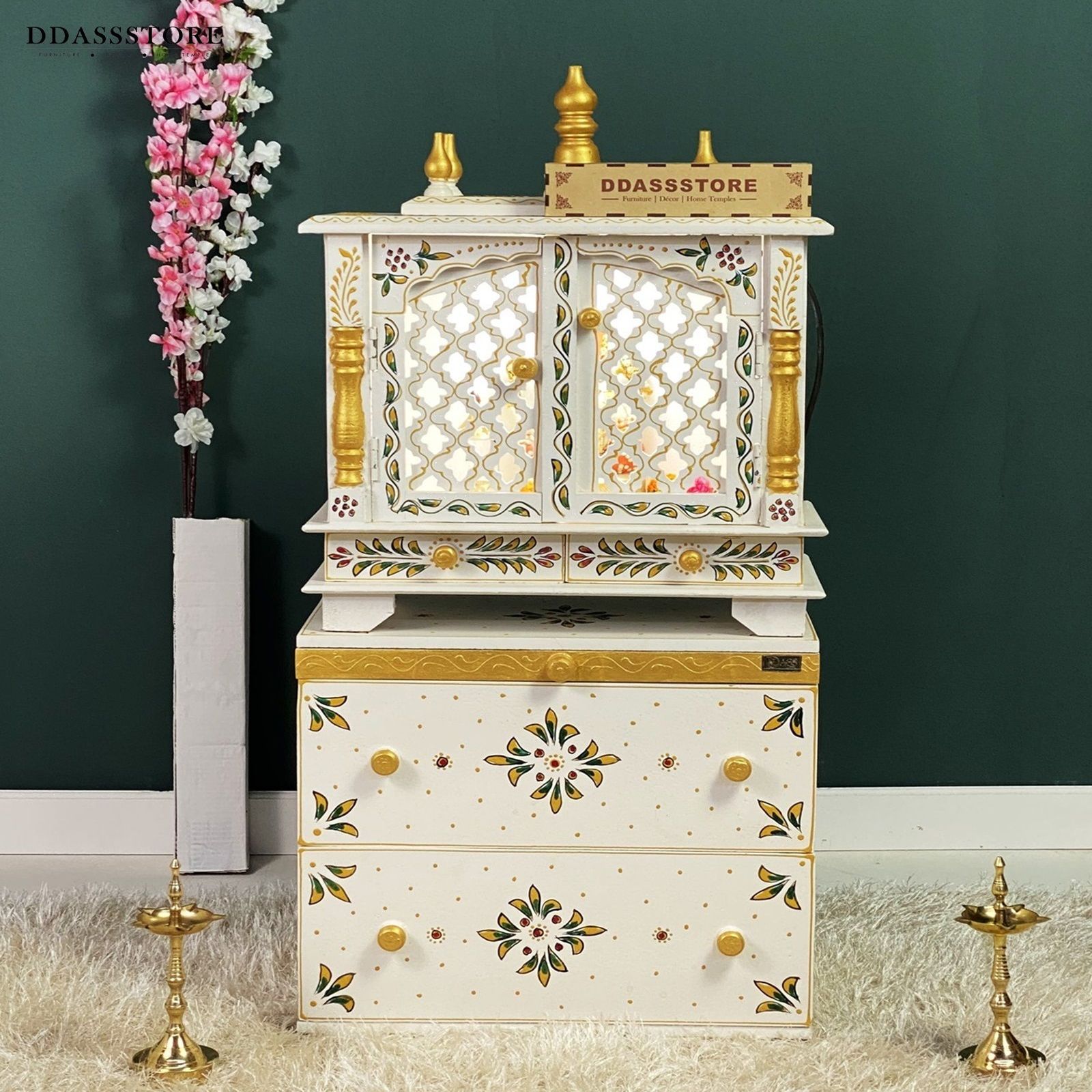 D'Dass Multi Color Mdf and Sheesham Wooden Temple With Cabinet For Pooja - D'DASS