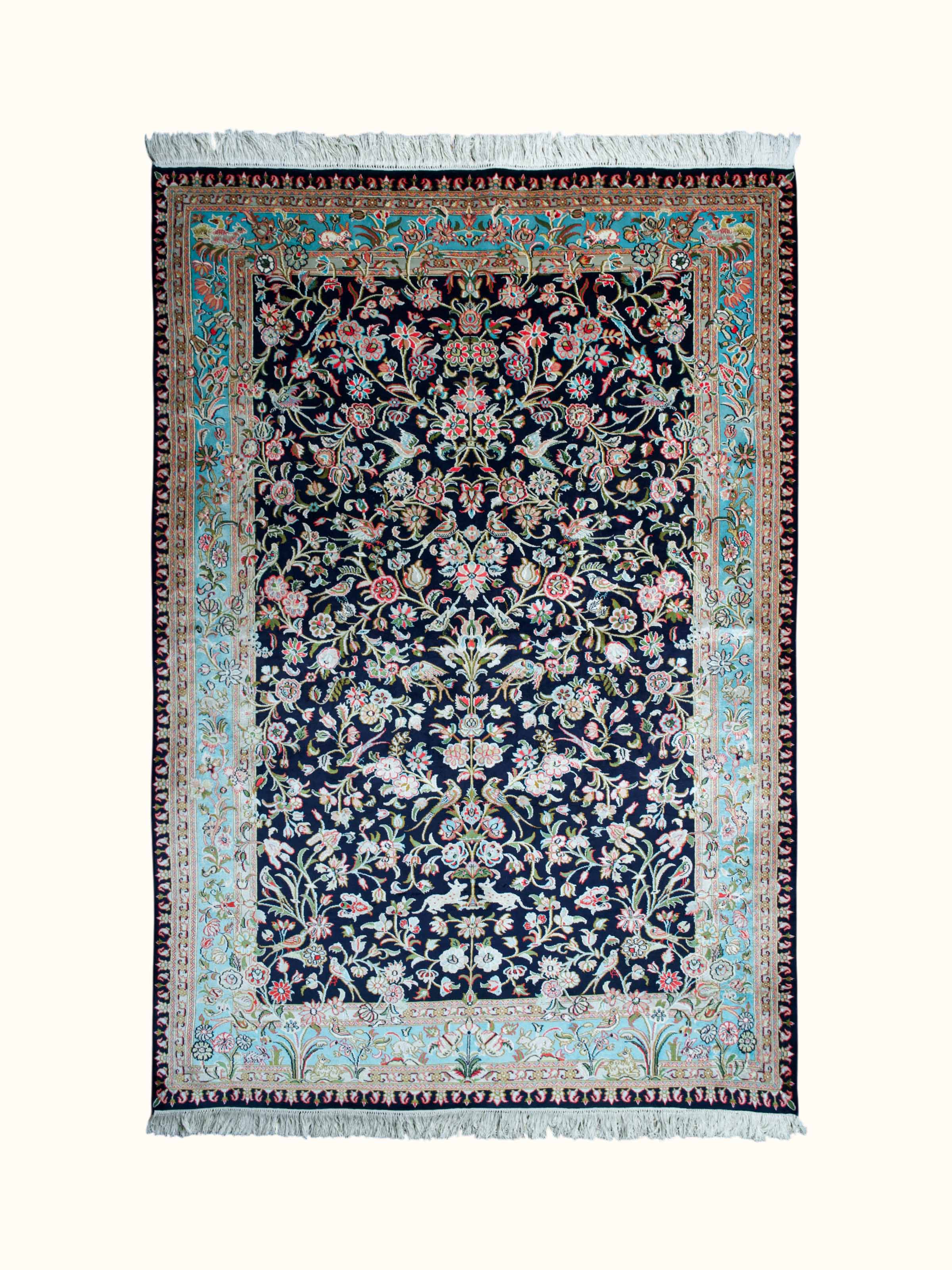 Traditional Persian Navy Floral Allover Kashmir Silk Hand-Knotted Carpet