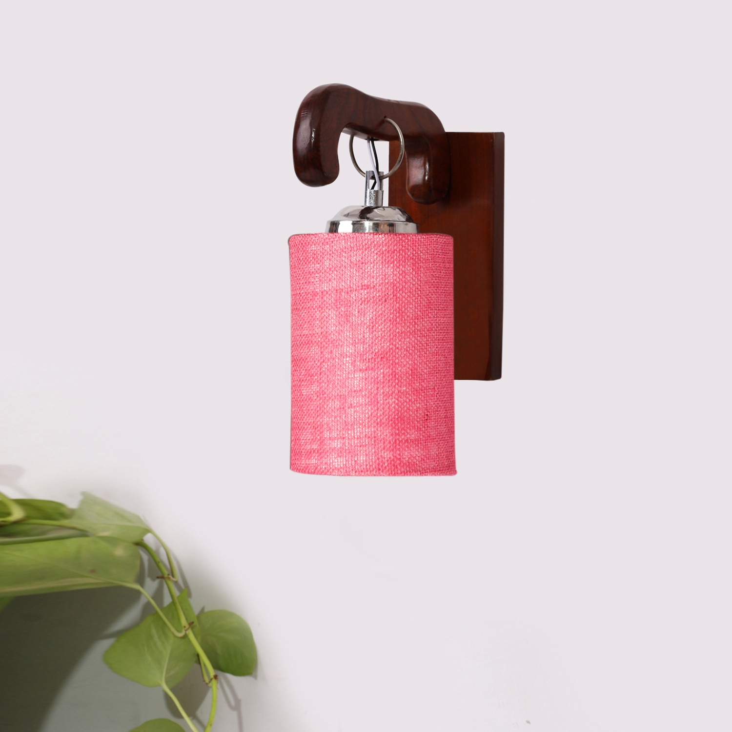 Devansh Solid Wood Electric Wall Light in Brown Colour with Pink Shade Count of 1 Light - Devansh