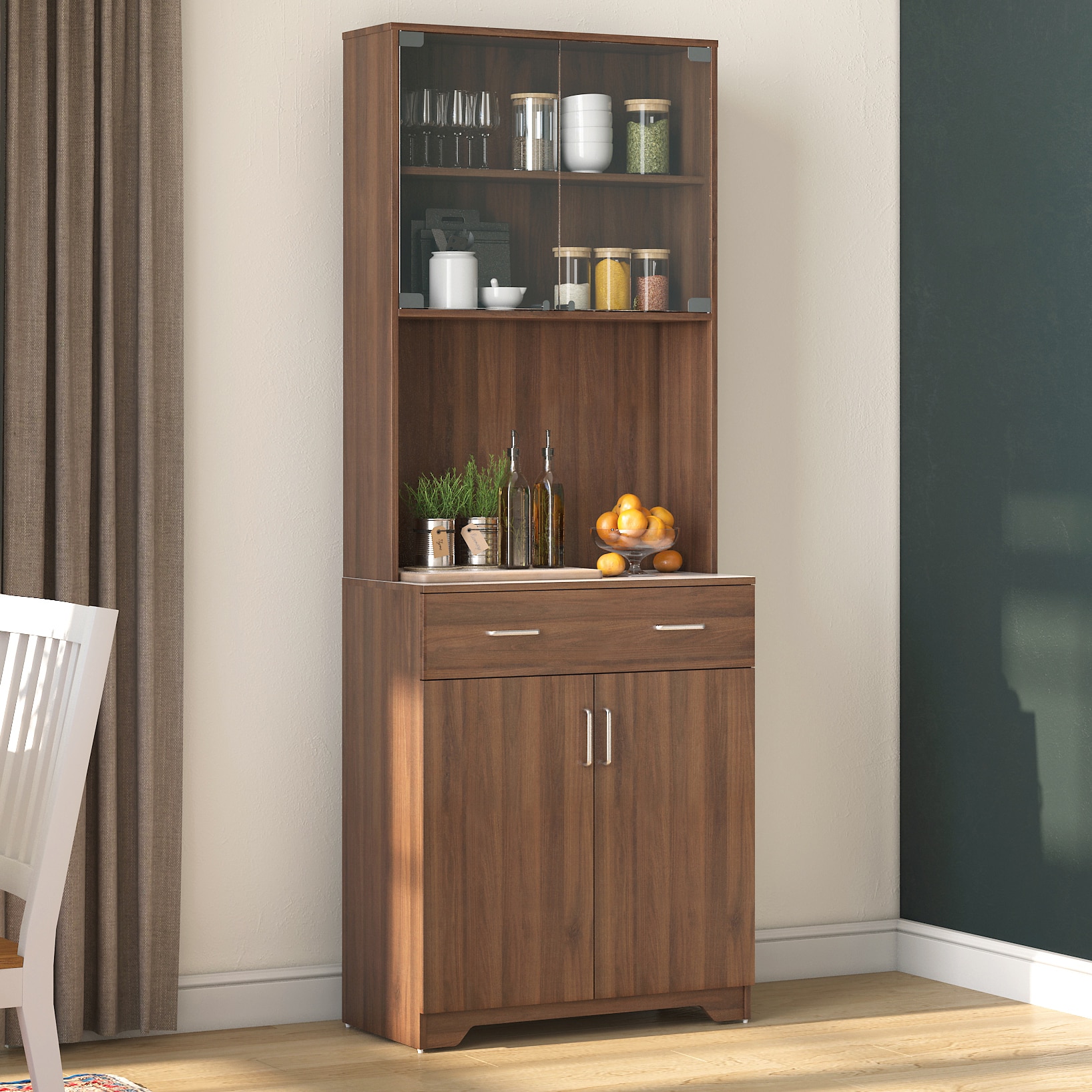 Hubert 4 Door Tall Display Cabinet in Classic Walnut Finish