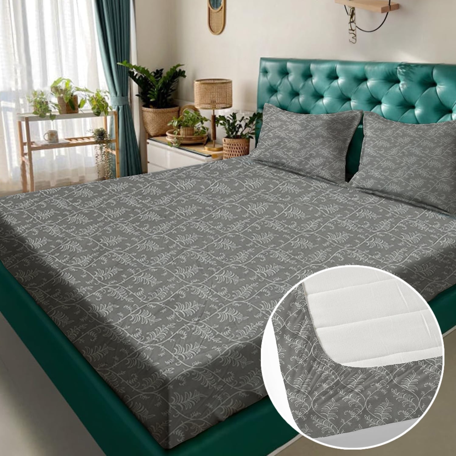 Light Grey Floral 180 TC Fitted 1 King  Bedsheet with 2 Pillow Covers - Rosarahome