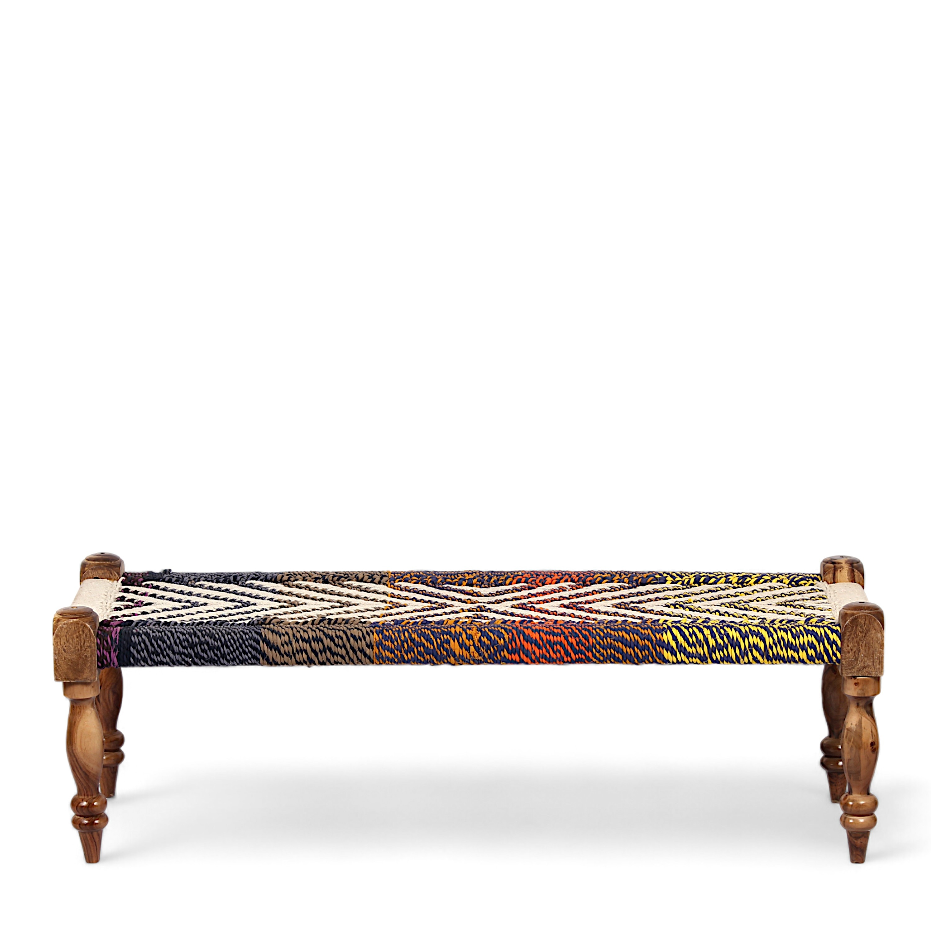 Hamilton Sheesham Wood 2 Seater Maachi Bench Set With 2 Stools In Assorted Multi-Colour Chindi & White Rope Canning