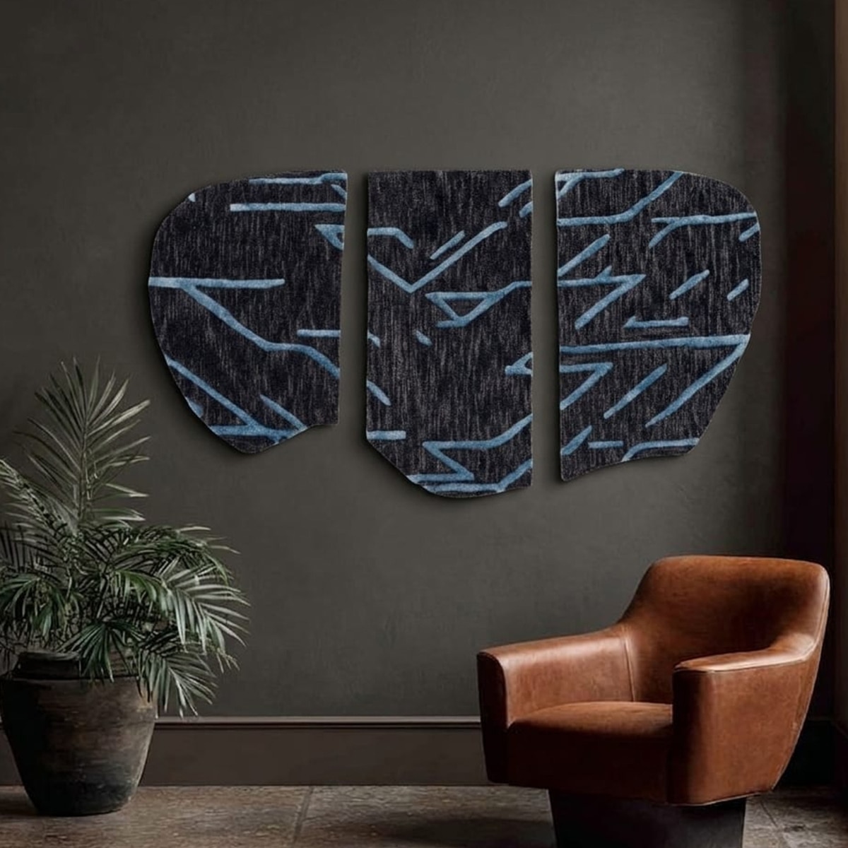 Charcoal Blue Abstract Wool Silk Handmade Wall Art 4 x 2 Feet 3 Panel Set - NEU LOOMS