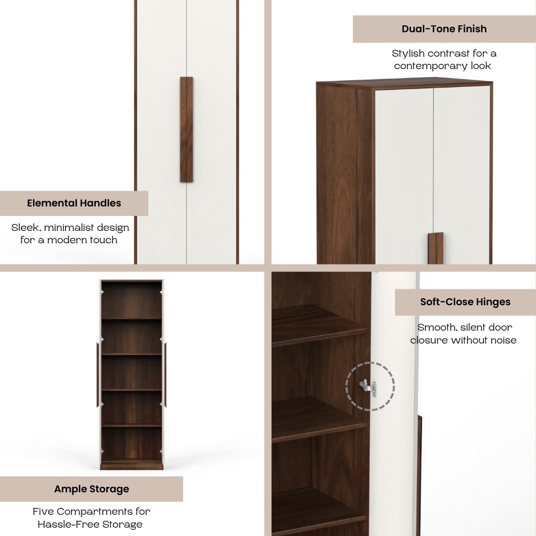 BLUEWUD Maltein Mini Engineered Wood 2 Door Wardrobe/Clothes Storage Rack Organizer Almirah Cupboard with Shelves for Bedroom Home Furniture (Brown Maple & White, 60 X 40 X 180 CM)