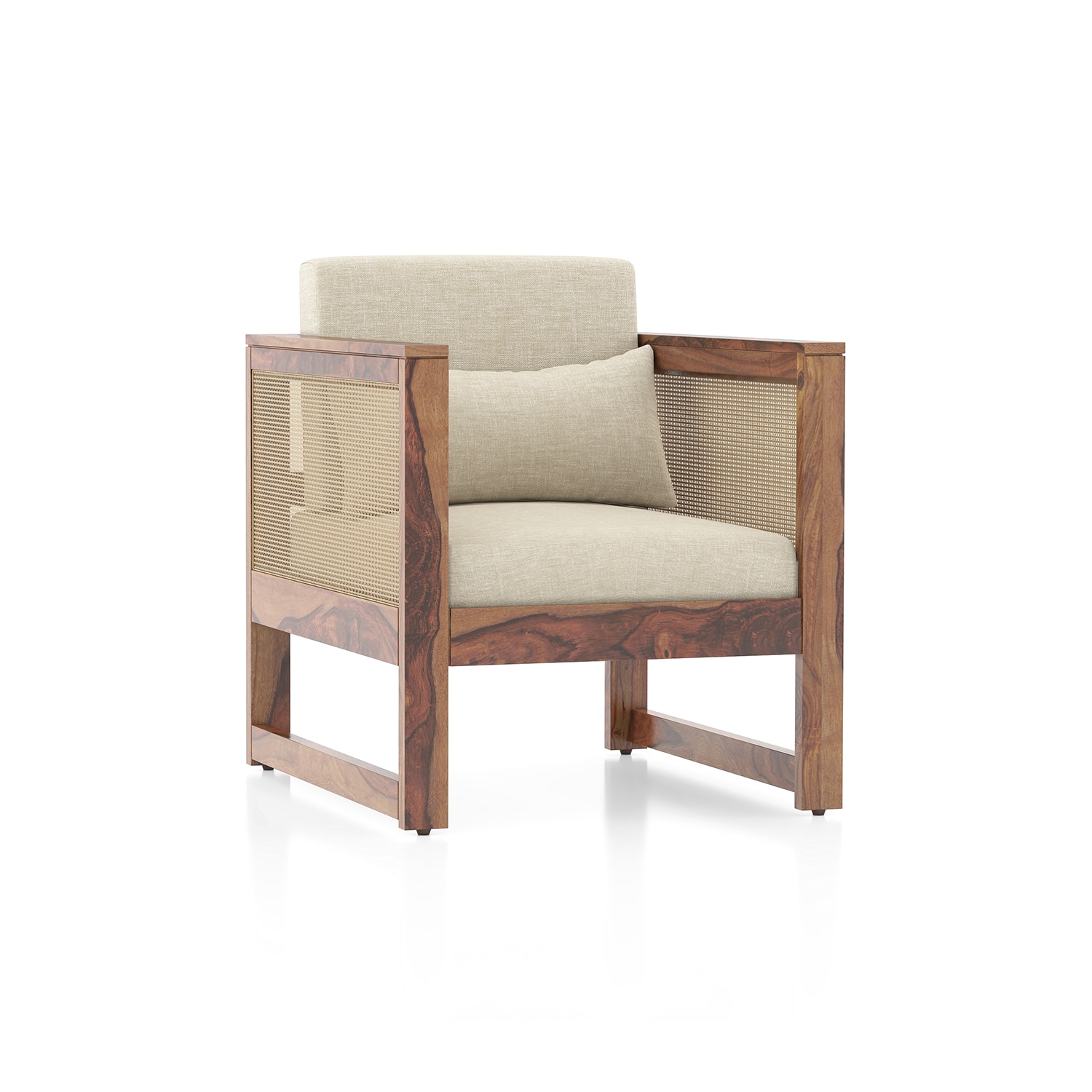 Korai Plus Single seater sofa -Finish -Teak,Fabric - Macadamia Brown Hopsack weave