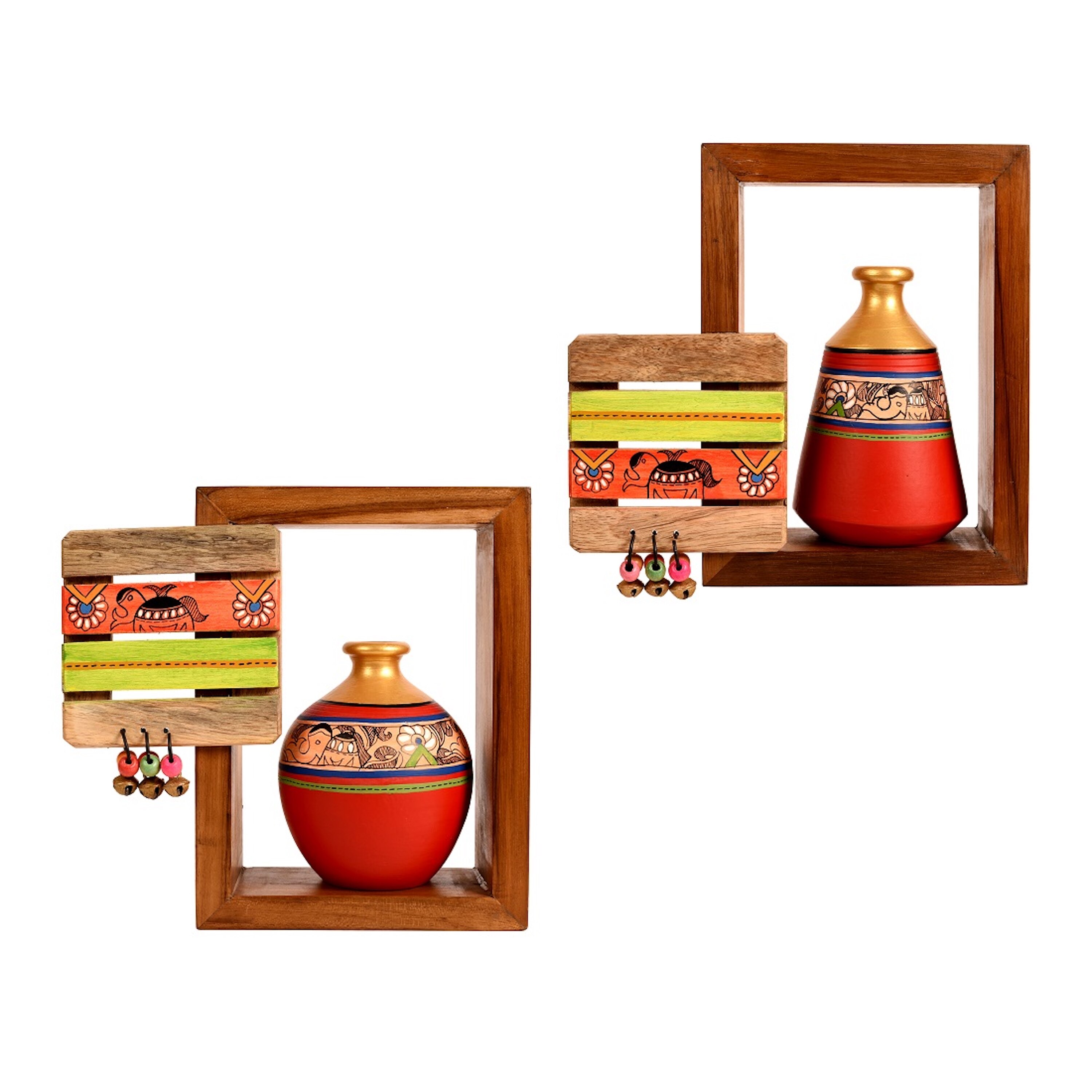 Wall Decor 2 Wooden Shelf & 2 Pots Madhubani Design Red (9x2.7x8)