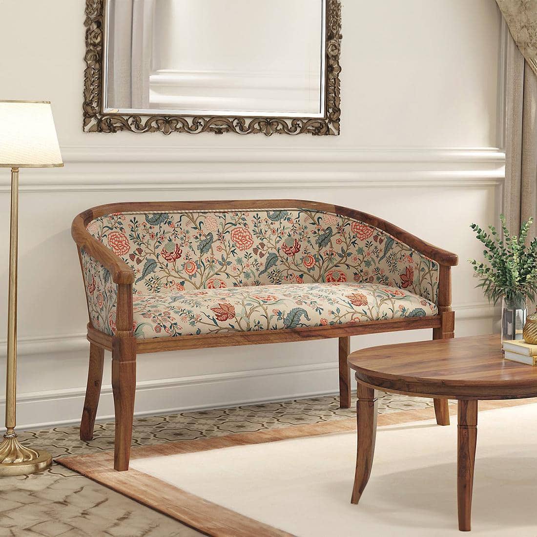 Florence Loveseat 2 Seater In Teak Finish With Calico Floral Retreat Fabric Colour