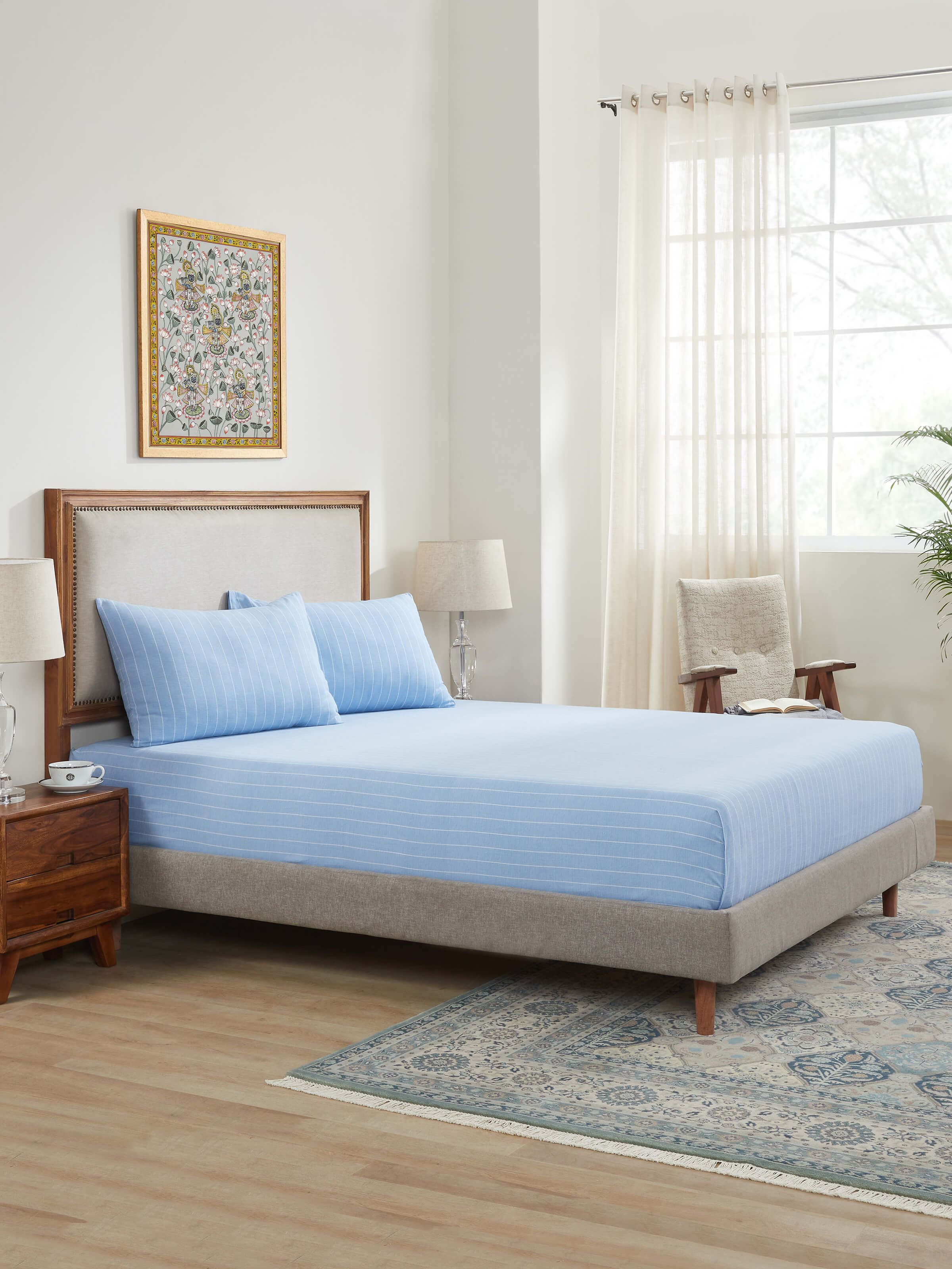 Keshod Handloom Cotton Sage Chambray Stripe Queen-size Bedsheet Set