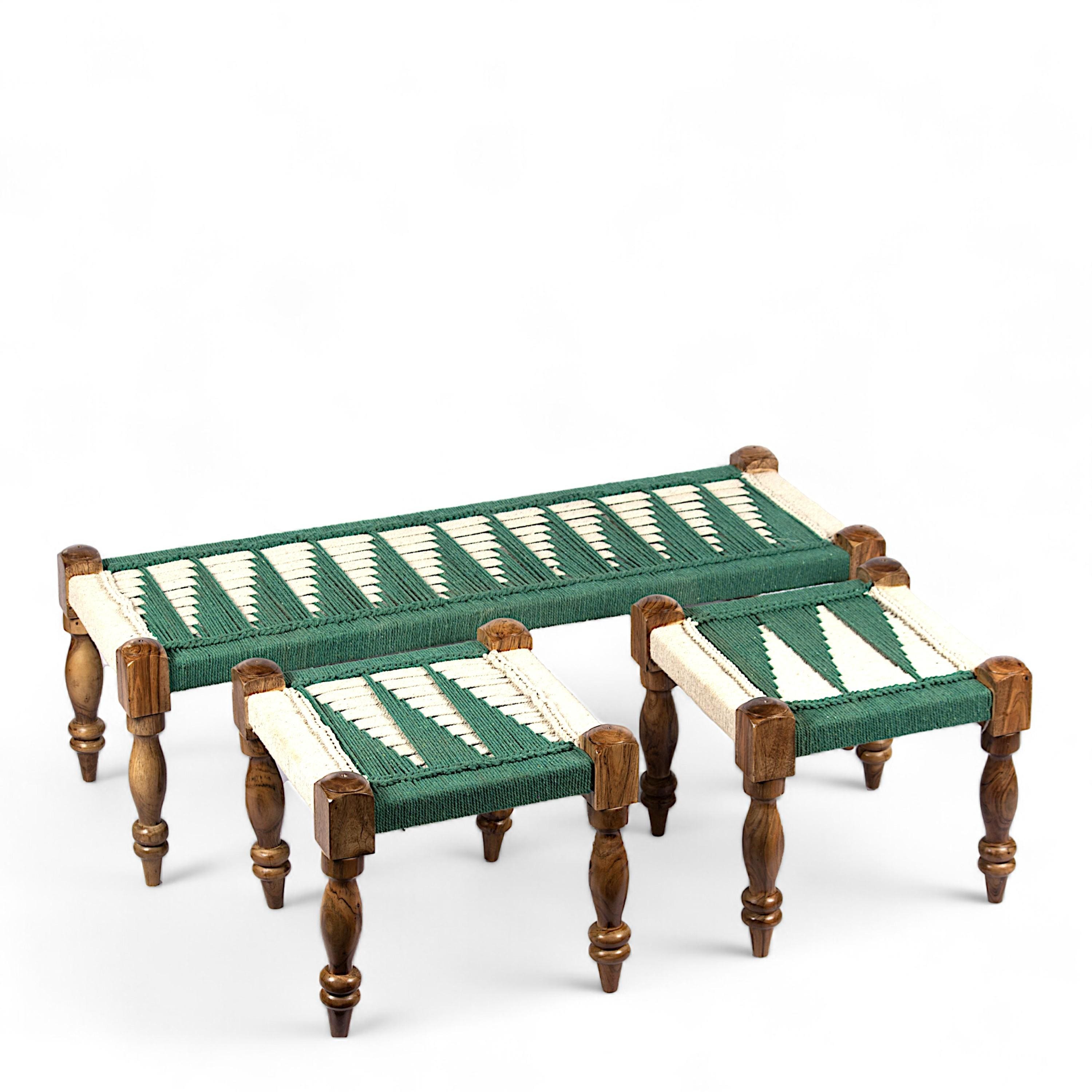 Hamilton Sheesham Wood Maachi Bench Set With 2 Stools In Green & White Rope Canning