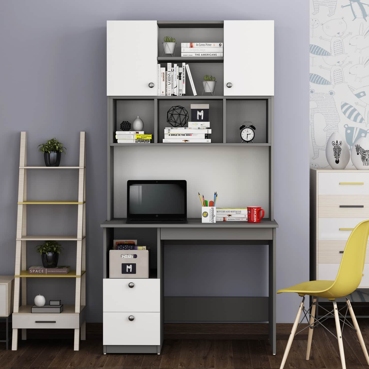 Avenly Study Table with Storage Grey and Frosty White