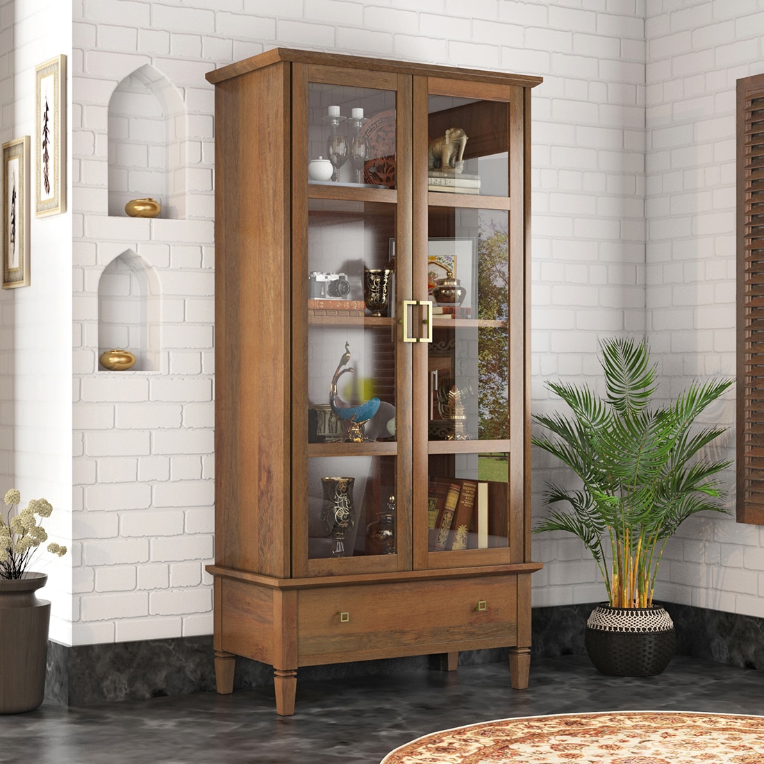 Malabar Bookshelf Display Cabinet 55 book Capacity Amber Walnut Finish