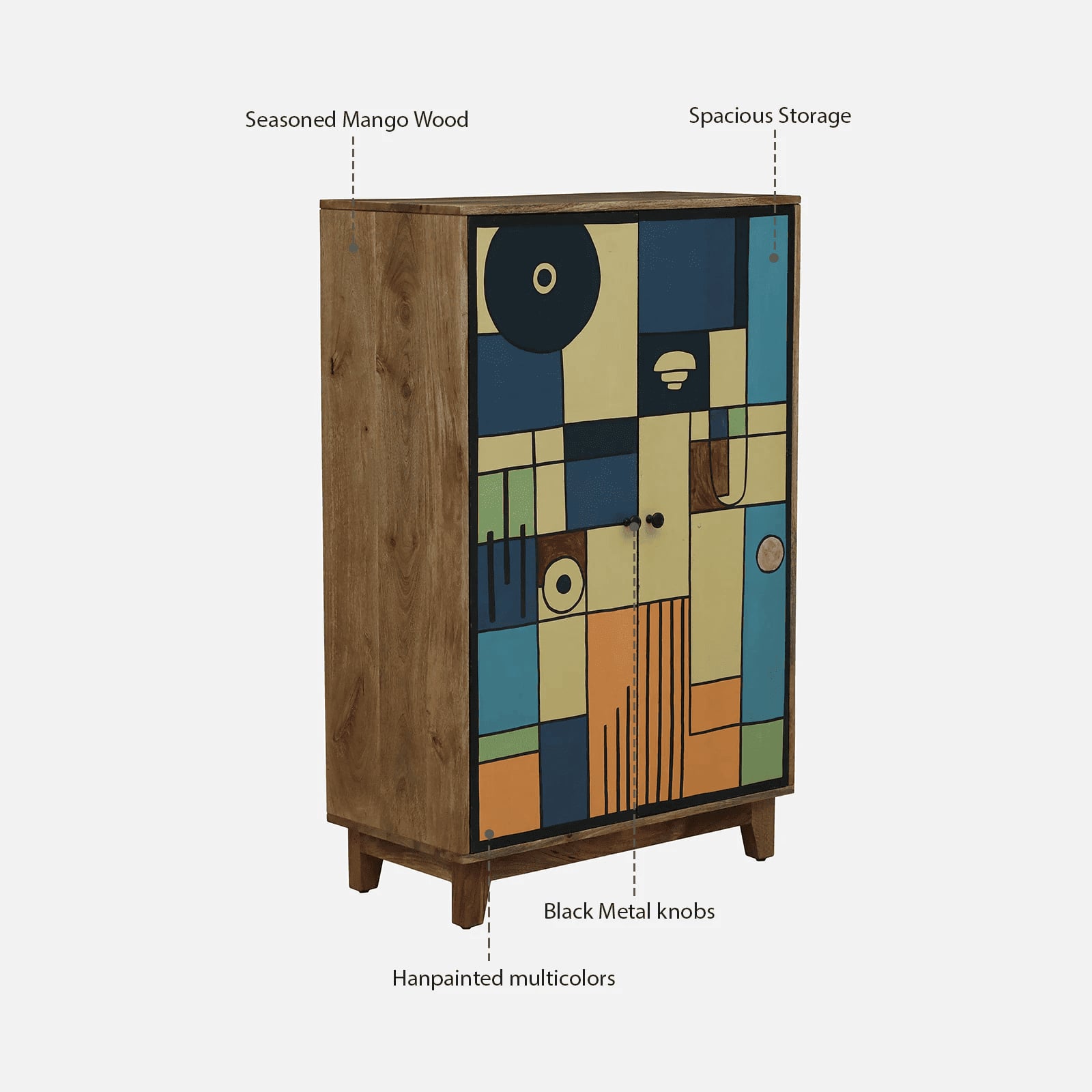 Olyn Mango Wood Handpainted Multicolour 2 Door Tall Cabinet In Natural Finish