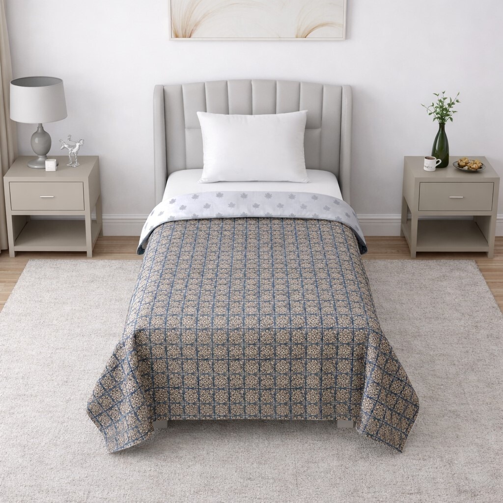 Kira White & Green Floral Cotton Dohar Set Of 2 Reversible Single Bed 350 Tc Size 240 X 160 Cms - Threads