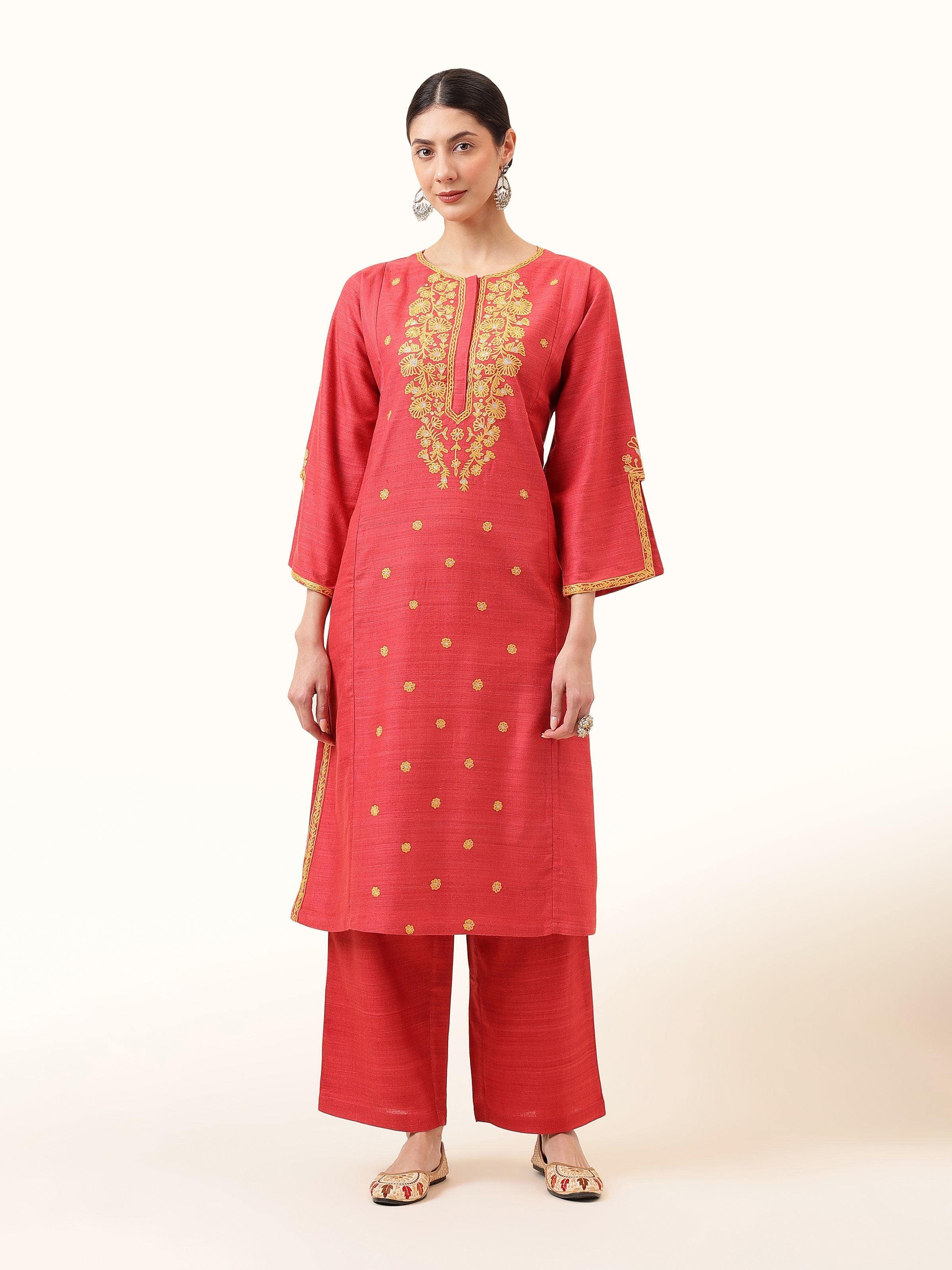 Coral Silk Crewel Embroidered A-Line Kurta