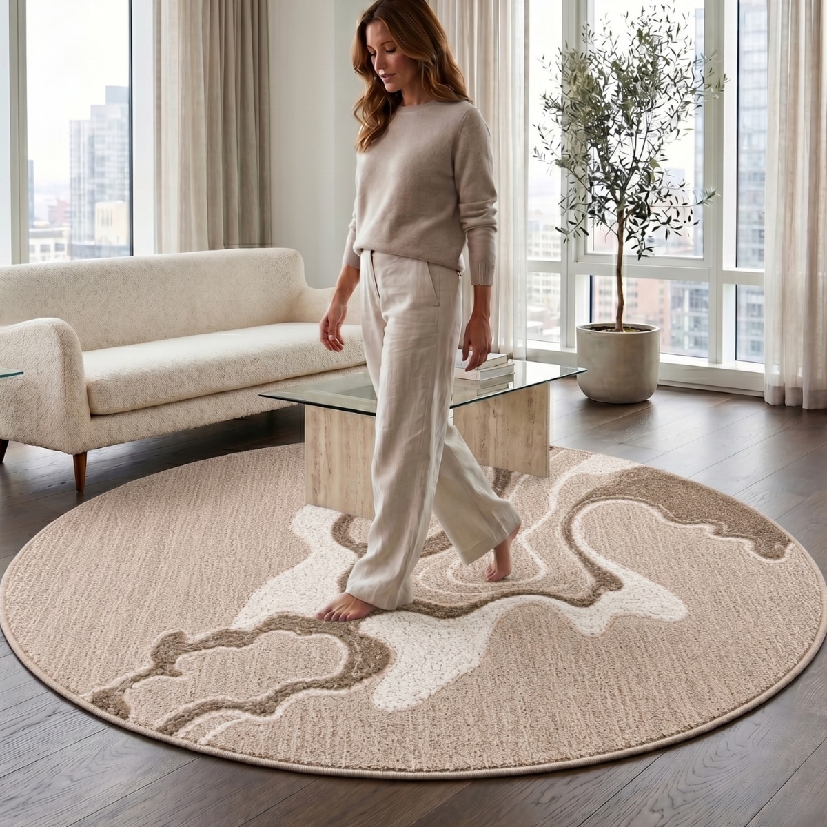 Handmade Round Natural Wool Rug Abstract Marble Beige 6 Feet Carpet - NEU LOOMS