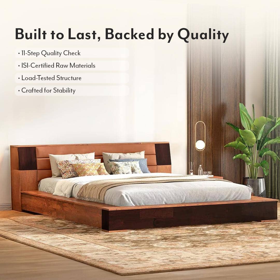 Mahe Solid Wood Queen Size Bed In Dual Tone With Tan Leatherette