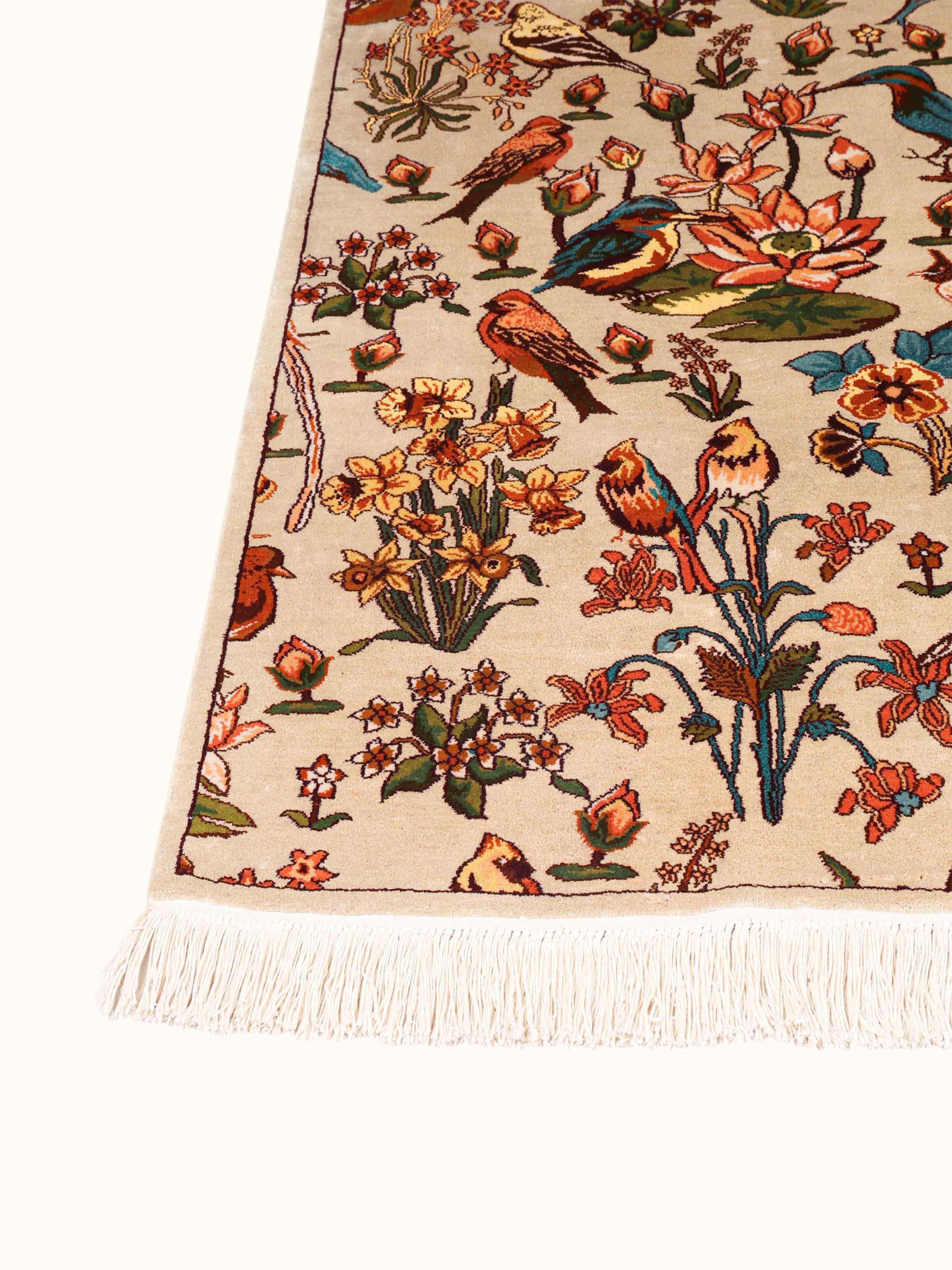 Traditional Gilded Sage Gul-e-Bulbul Kashmir Silk Hand-Knotted Carpet