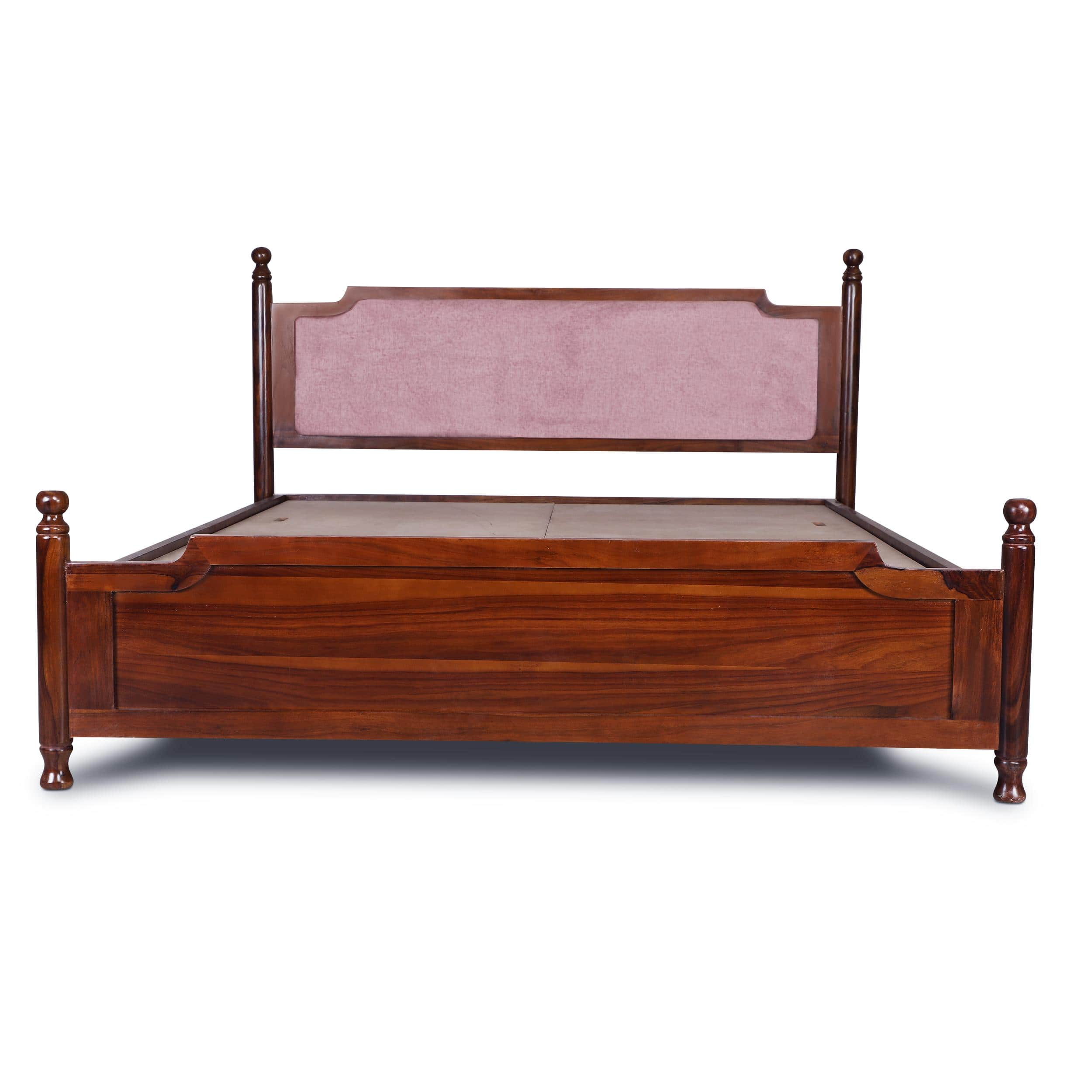 Camille Solid Wood Box Storage Queen Bed in Provincial Teak Finish with Pink Colour