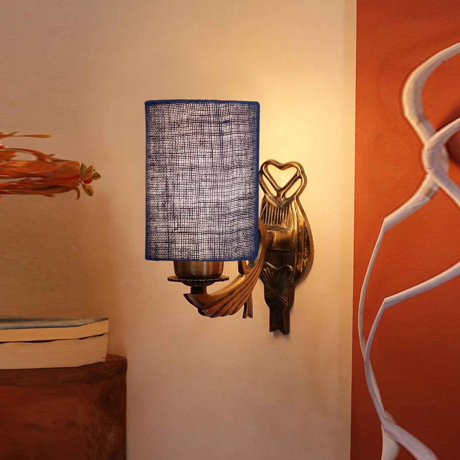 Devansh Metal Electric Wall Light in Antique Gold Colour with Blue Shade Count of 1 Light - Devansh
