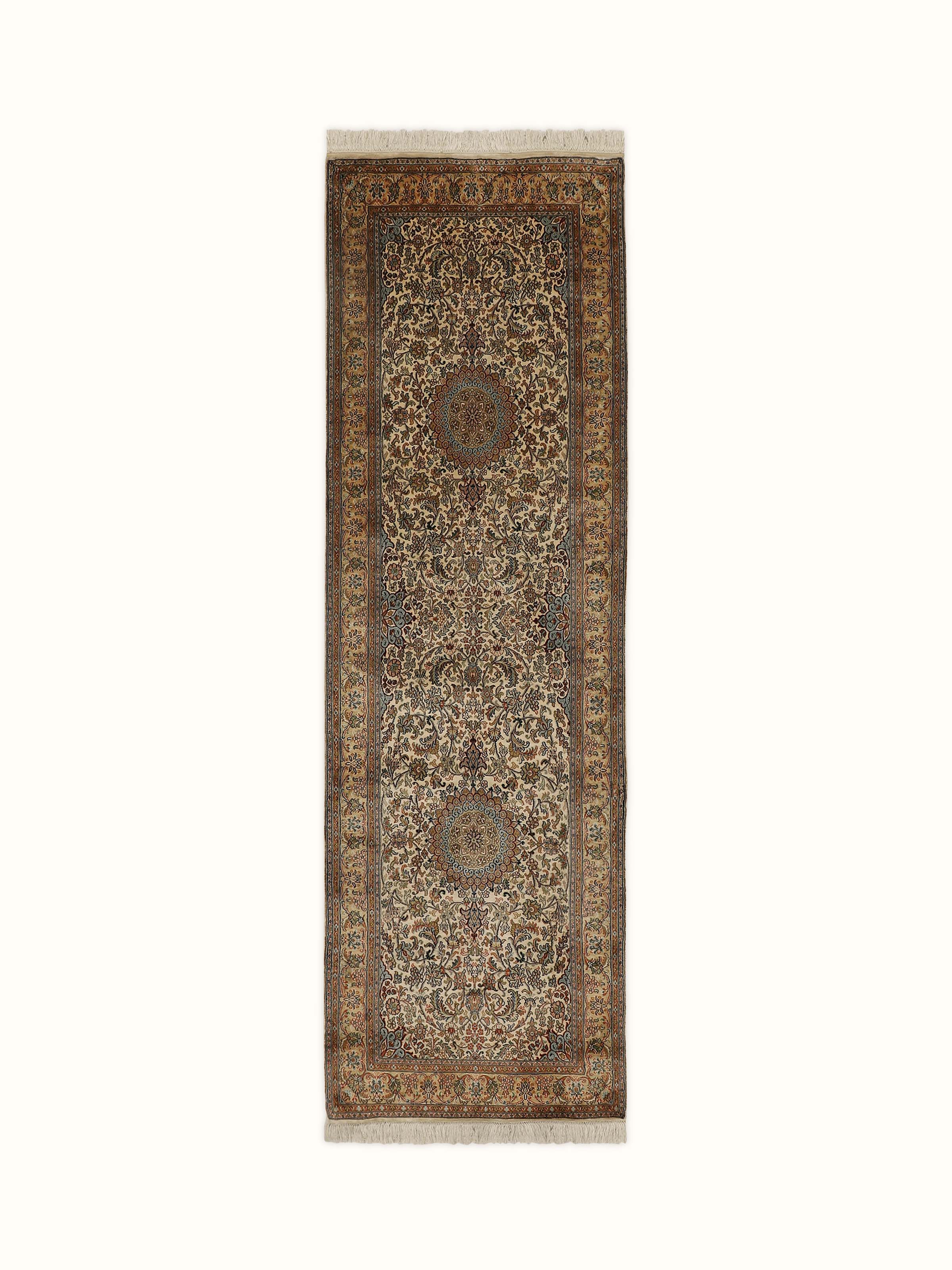Traditional Persian Ivory Kashan Kashmir Silk Hand-knotted Runner