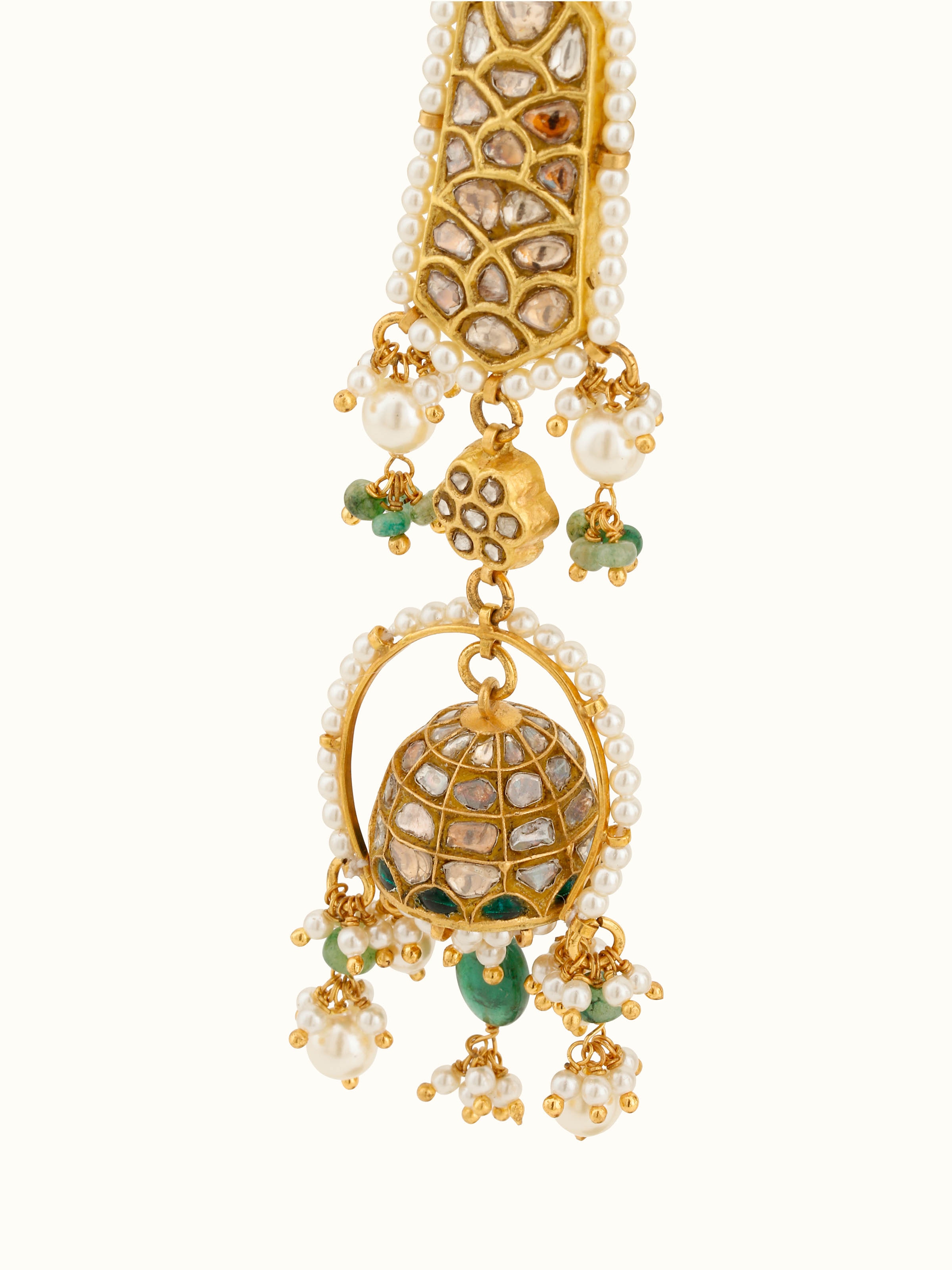 Overhead view of Thappa 22 karat gold drop earrings presenting their balanced composition and brilliant gold finish